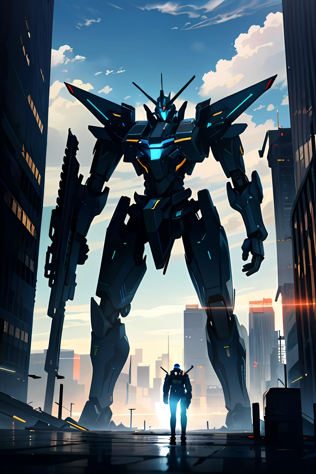 sky, cloud, holding_weapon, no_humans, glowing, , robot, building, glowing_eyes, mecha, science_fiction, city, realistic,mecha