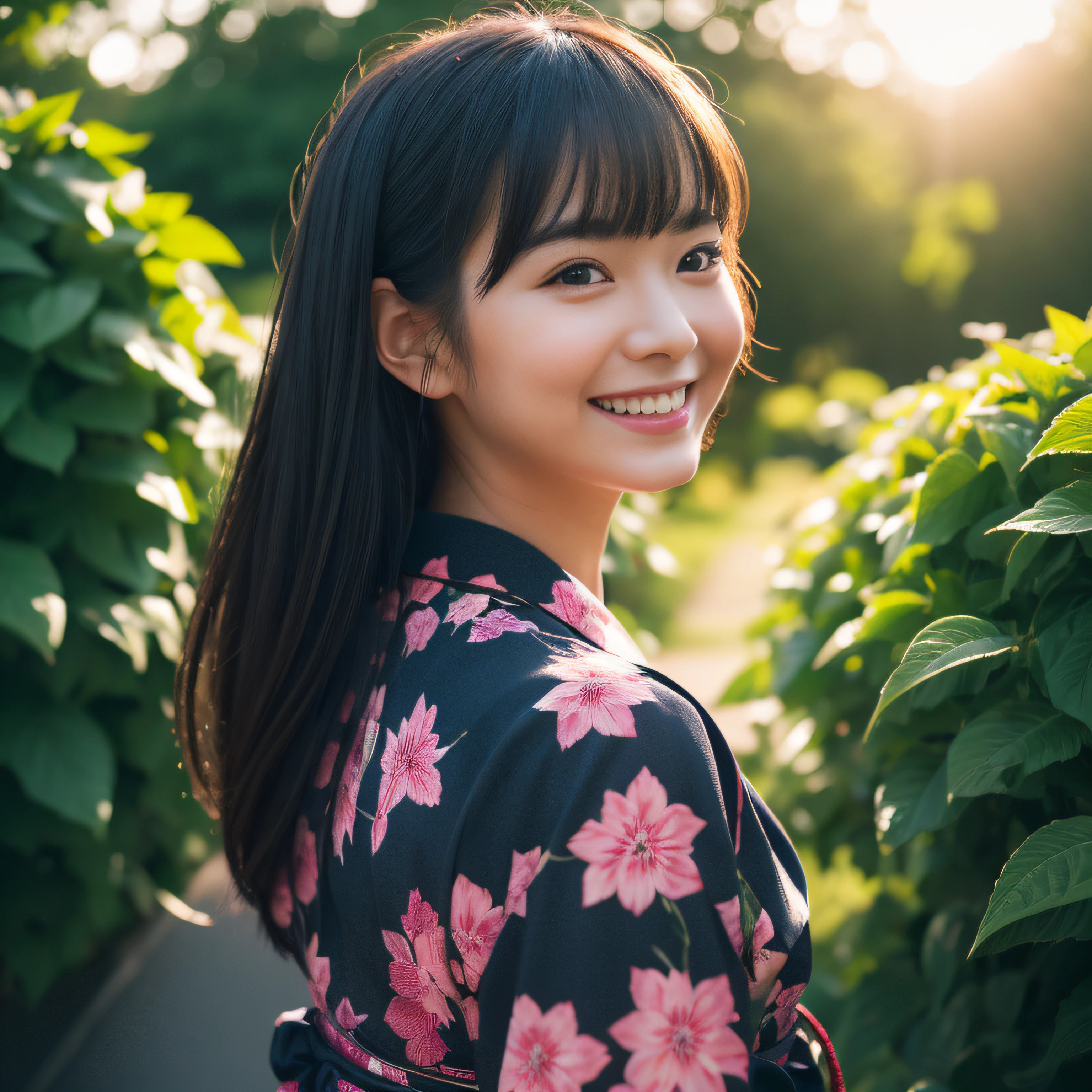 fully body photo、Backlight of sunset、Smiling、profile、looking distantly、Colorful hydrangea on background、Surrounded by hydrangeas、The soft sunset is shining on it, masterpiece, top-quality, Raw foto, Photorealsitic, faces, beautiful a girl, Perfect figure:1.4、Black-haired、Wearing yukata、Yukata is red, hight resolution, ultra-detailliert, finely detail, ighly detailed, Cinematic lighting