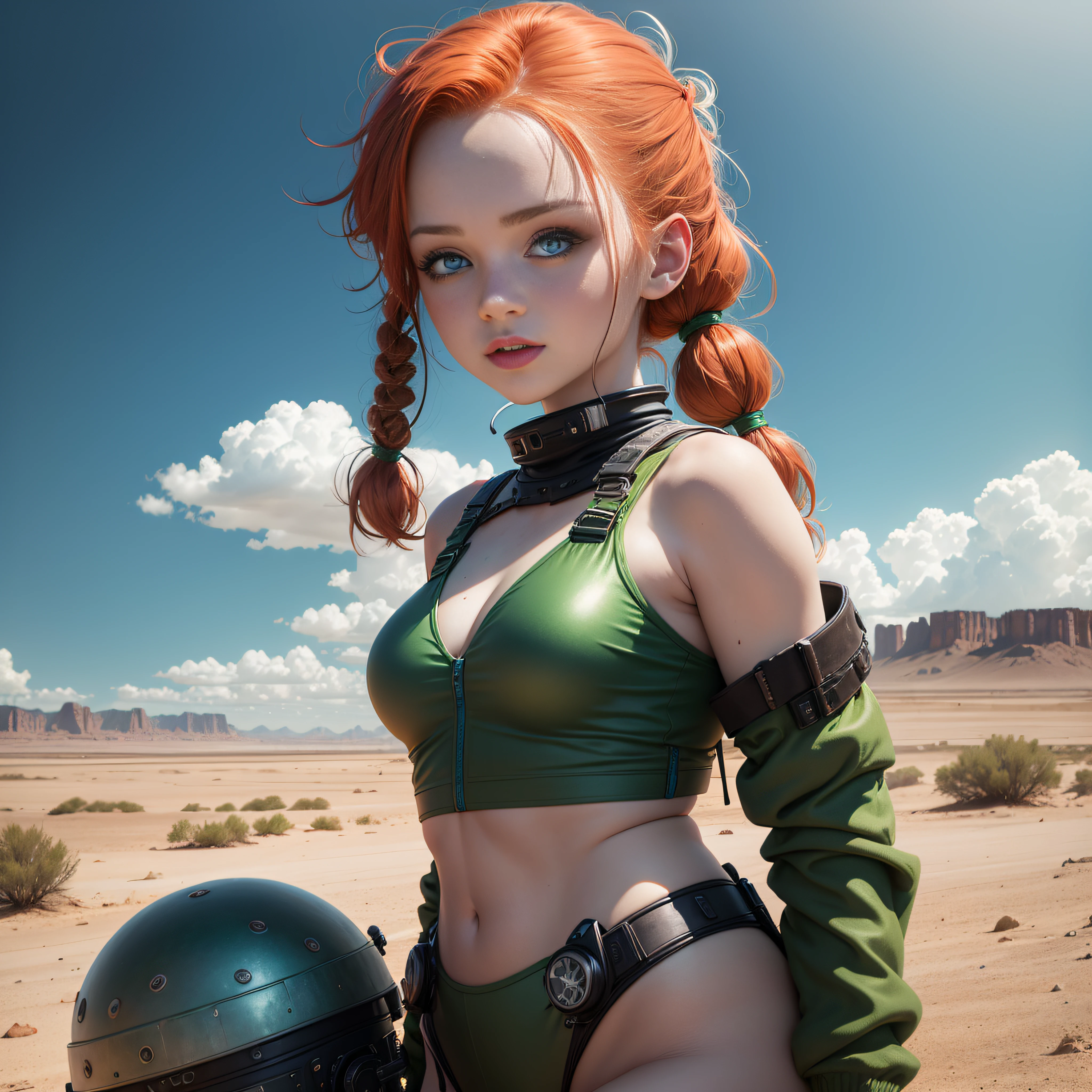 cute redhead woman in twin tails, multiple rainbow colored hair, sky-blue eyes, happy, Ukrainian, petite, pale skin, wearing a green metallic color bikini, post apocalyptic background, bleak barren desert, photo realistic woman. --auto