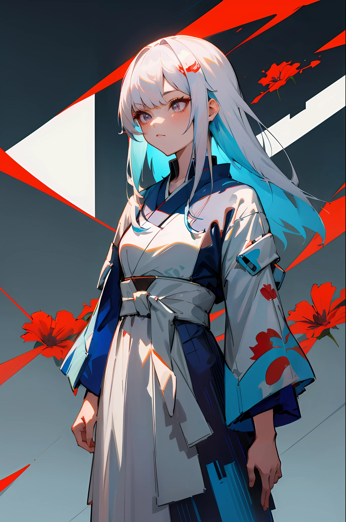 anime girl with a white hair and a white dress with red flowers, artwork in the style of guweiz, anime style 4 k, guweiz, digital cyberpunk anime art, cyberpunk geisha, cyberpunk anime girl, digital cyberpunk - anime art, anime cyberpunk art, anime style. 8k, cyberpunk anime art, cyberpunk art style, dreamy cyberpunk girl