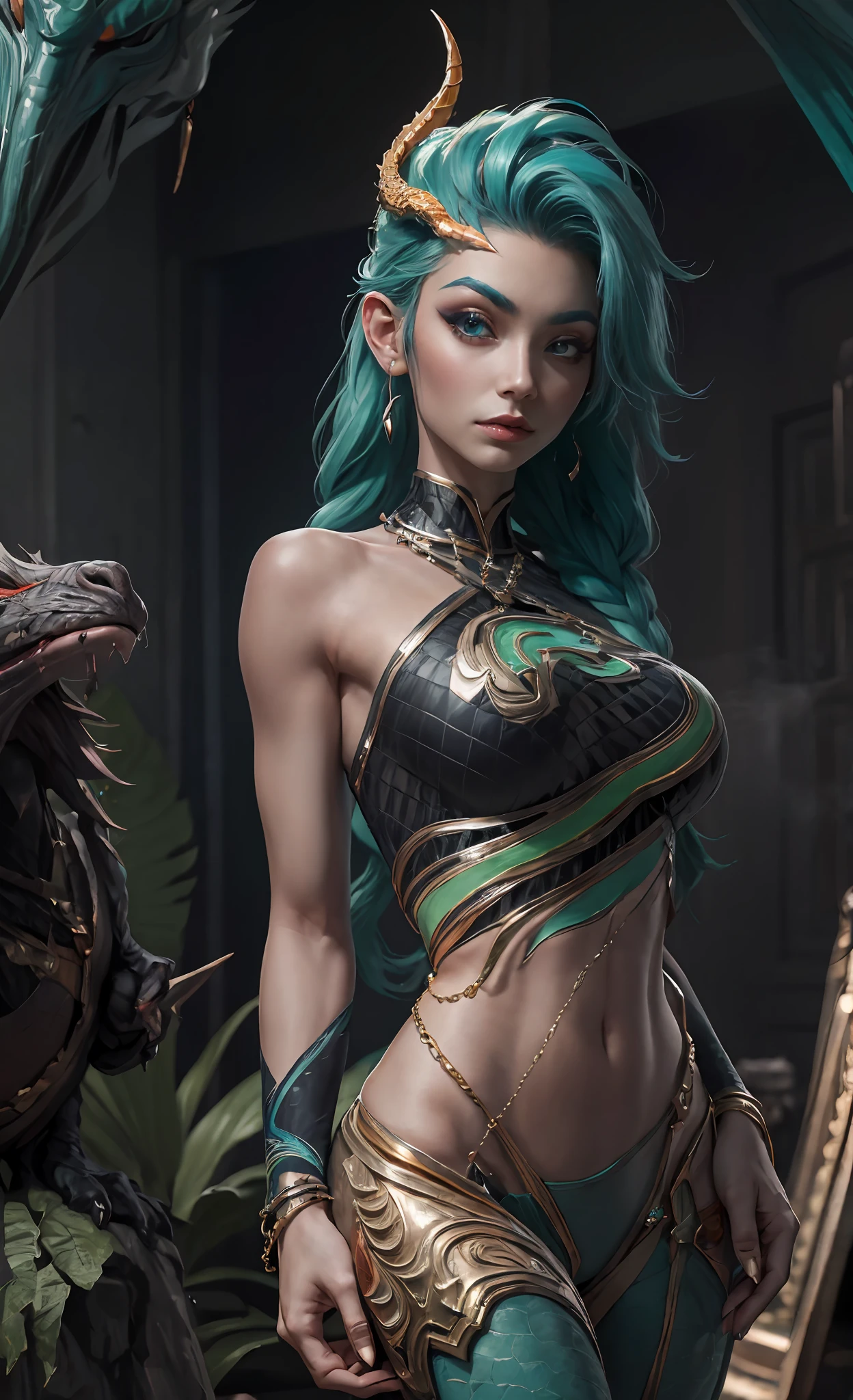 ((Tall girl reciting mantras)), peeking out from under his forehead, BREAK, (Fog in the background, Chaos, destruction, Gold Chains, Blood and sand), (Slim_thights:1.3), ((big breastes)), Slender_thights, aqua hair, 1girl, 独奏, (shapely body:1.4), generous cleavage, Skinny,  detailed anatomy, the perfect body, Detailed body, detailized face, Beautiful anatomical eyes. BREAK Kaisa Dragon Lagoon,  The BREAK is very detailed, Intricately detailed art, Artstation's Detailed Triadic Color Trend in Unreal Engine 5, 8K resolution, deviantart masterpiece.