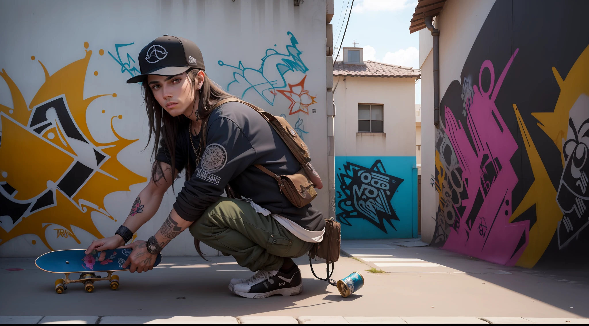 Estilo Anime, obra prima, ((--1 boy --long hair --cap turned --baggy skateboarder-style clothes --tribal tattoos --steampunk --spray can in hand)) --apreciando parede, (((( Street Art Graffiti)))) --parede desgastada --grafite semi terminado, --grafite na parede --desenho estilo Tarsila do Amaral, --rua movimenta --noite --movimentada --hora do rush --carros --pessoas --semaforo --faixa de pedestres, detalhes intrincados, in action, perfect features, Dramatic, Cinematic lighting, Highlight lighting, SSAA, smooth rendering, no noise --testp --ar 2:3 --video --no lazy prompts