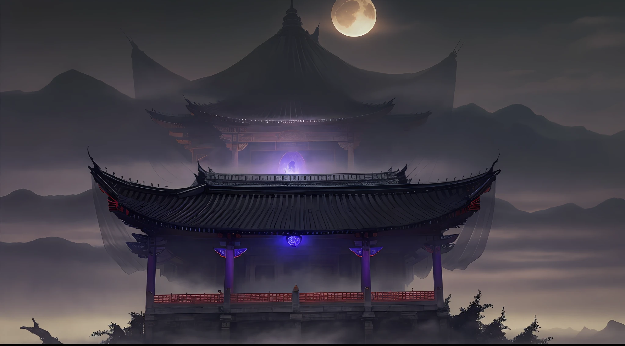 Night or cloudy, Ceiling frescoes, China ink painting, look from down, super perspective,scattered perspective, An infinite extension of the sky, mist, Clouds, Fantasy composition, Neon amber moon, The realm of mystery, Floating forest, mist, Purple mist, Huge tree trunk, Golden translucent mist rain Balanced composition with proper tension and density, Evocative, Decent posture, Extremely low lens, 32k UHD, Mega Piser, The light from the back window is backlighted, volumetr, unreal-engine,Hades Temple,Spooky