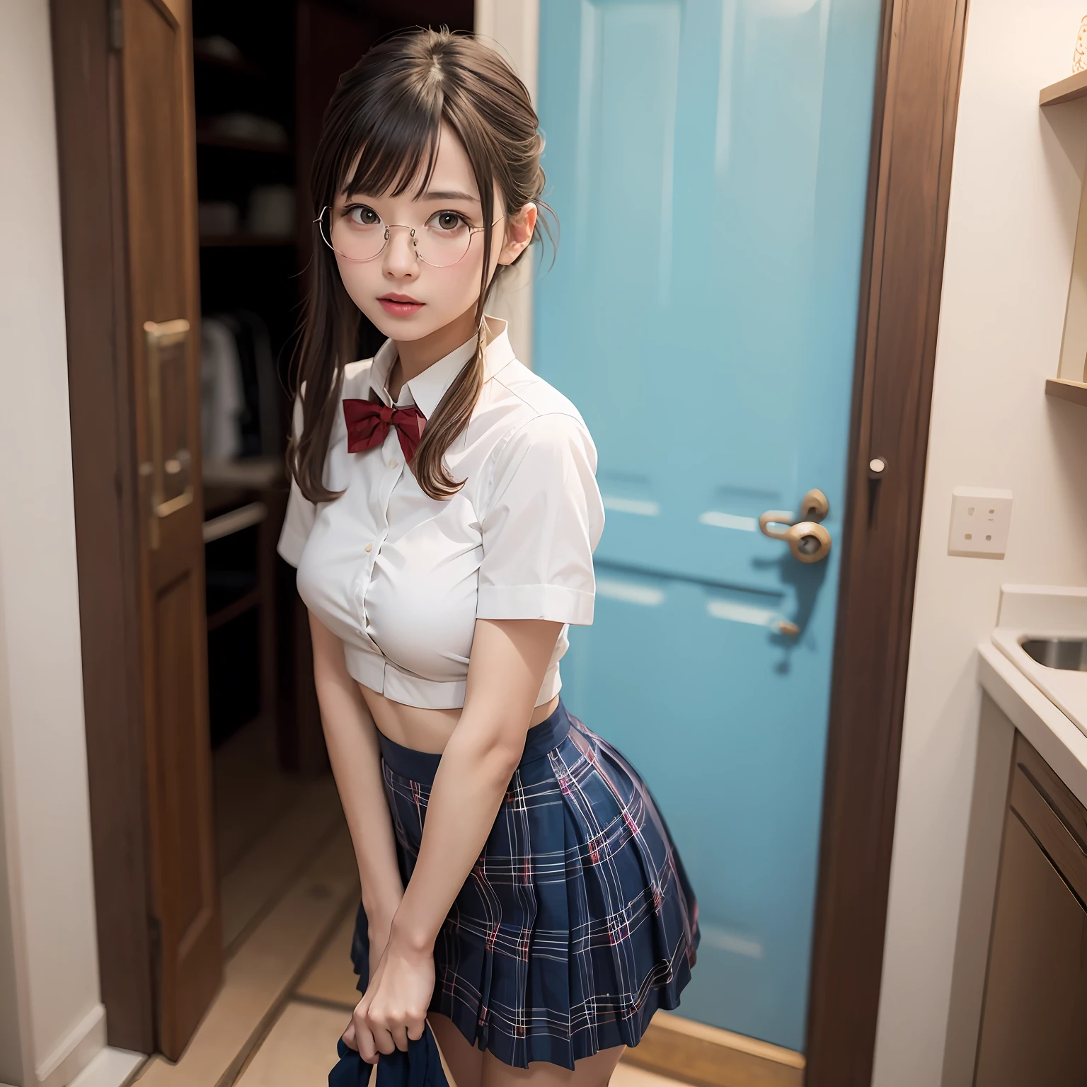 (8K、Raw photography、top-quality、masterpiece:1.2),a small face,Parting the bangs from the middle、Forehead visible,(Tight eyes,Bullish,skinny,Rasping,irate,small tits,flat breast)、masterpiece,top-quality、超A high resolution,Raw photo,ren,Beautiful fece,One Person, 独奏,eye glass,,Dark look,Small breasts,fullllbody,Round glasses、cute little、A Japanese Lady,is standing,(Tight eyes,Bullish,skinny,Rasping,irate,small tits,flat breast)、(Photorealsitic:1.37)、Photon mapping,Light blue ribbon,Realistic、Cute little face,Brown-eyed、Black socks、(Red bow tie)、Radio City、Physically Based Rendering、Foreground、depth of fields、Blurry background、a picture,The girls、Body, Long legs, Thin leg, poneyTail,(Bangs are visible), hair, s lips, Blue_The eye, nosesoft, Light blue bra shows through,White shirt, Navy blue and white plaid pleated skirt, Sheer clothing,, Thigh, Black cotton socks,Nogizaka Idol, 女優, Japanese ido