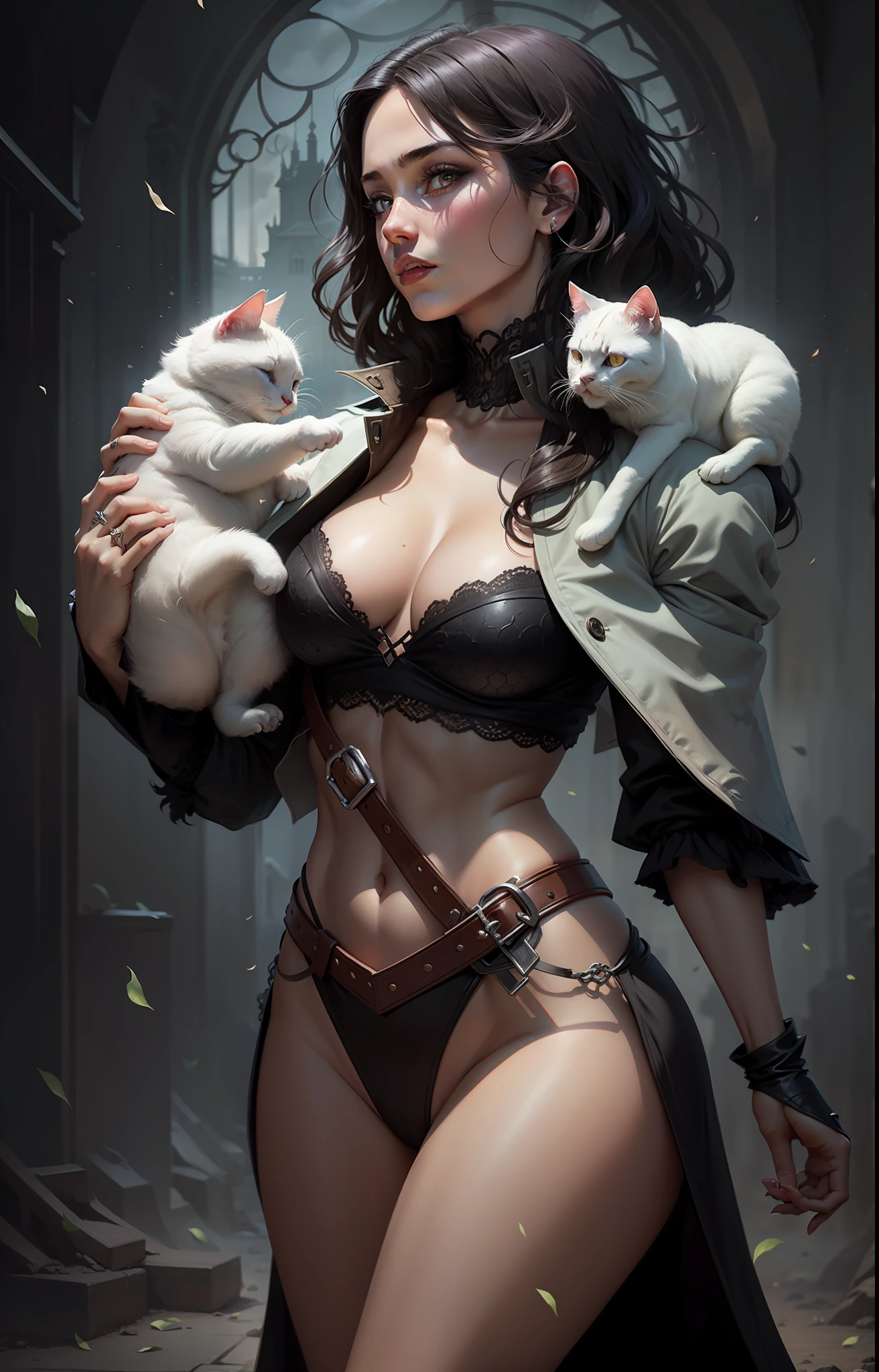 (1 girl), there is a woman with a ((1 white cat)), perfect anatomy, on her shoulder from mistborn, portrait of fin wildcloak, caleb from critical role, yennefer of vengerberg, black - haired mage, tiefling bard, in style of (dark fantasy) art, tiefling female warlock, illustration concept art, inspired by Lucas Graciano, sexy pose, determined, (detailed background),