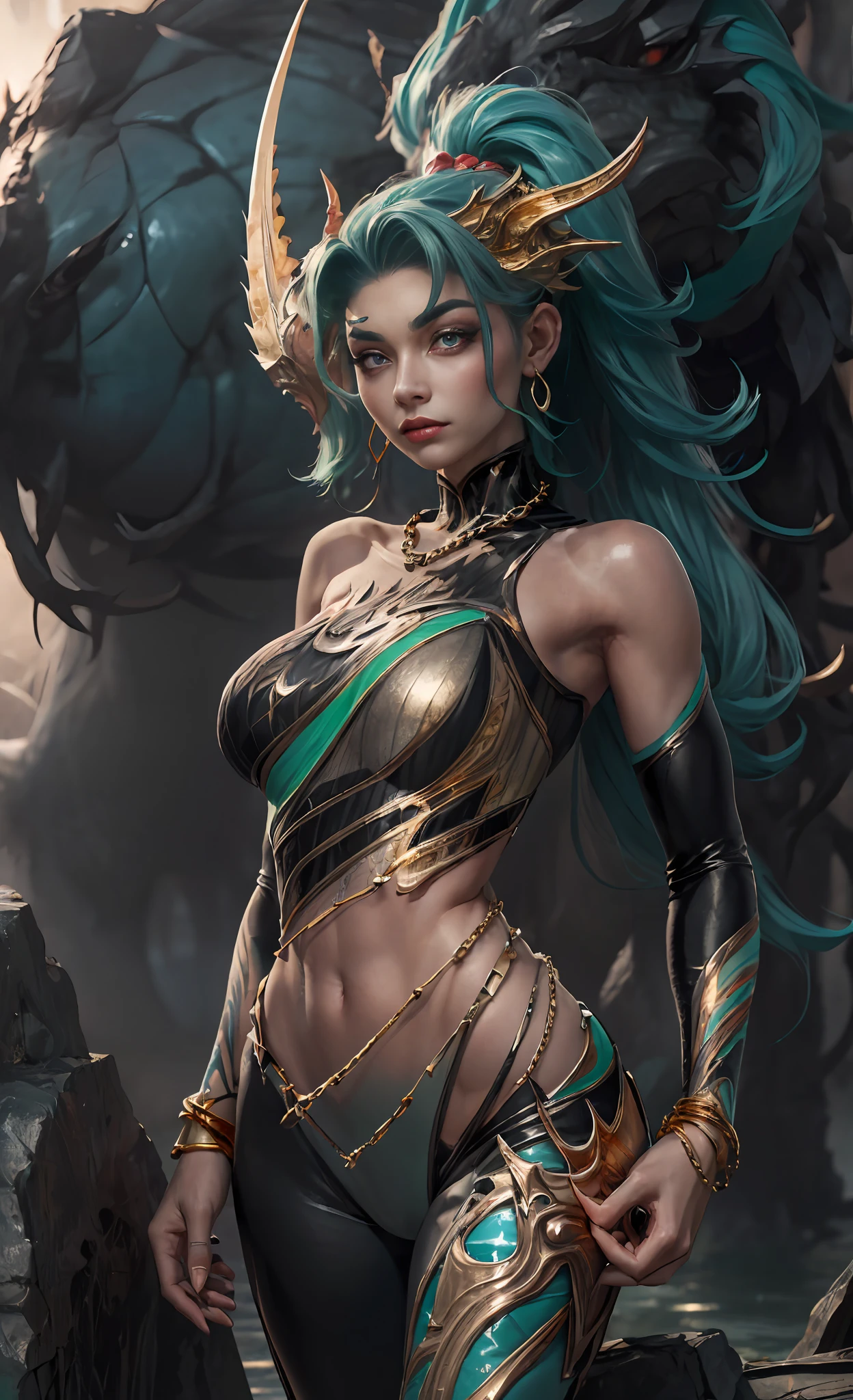 ((Tall girl reciting mantras)), peeking out from under his forehead, BREAK, (Fog in the background, Chaos, destruction, Gold Chains:1.5), (Slim_thights:1.3), ((big breastes)), Slender_thights, aqua hair, 1girl, 独奏, (shapely body:1.4), generous cleavage, Skinny, detailed anatomy, the perfect body, Detailed body, detailized face, Beautiful anatomical eyes. BREAK Kaisa Dragon Lagoon,  The BREAK is very detailed, Intricately detailed art, Artstation's Detailed Triadic Color Trend in Unreal Engine 5, 8K resolution, deviantart masterpiece. (extreme close up portrait).