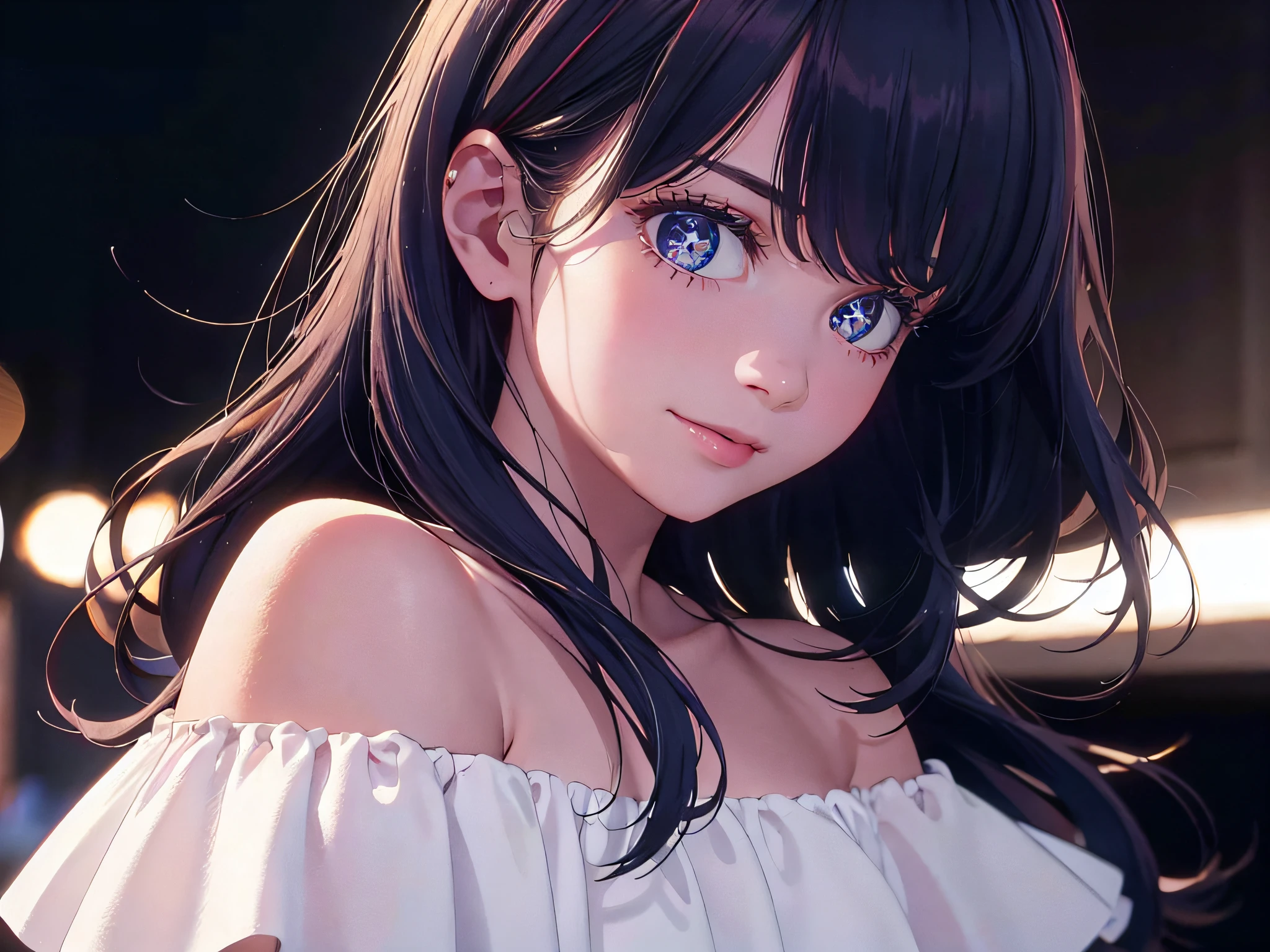 (Best Quality:1.2, 8K, Sharp Focus, master piece: 1.2, Cinematic Light, extremely details CG, beautiful Girl, reality, Detailed face textures, Realistic skin, beautiful makeup, Detailed bangs)), (depth of fields), Bokeh background, Head tilt, Smile, closes mouth, shiny black long hair, Cowboy Shot, white bare top mini dress, jacket off shoulder, wind
