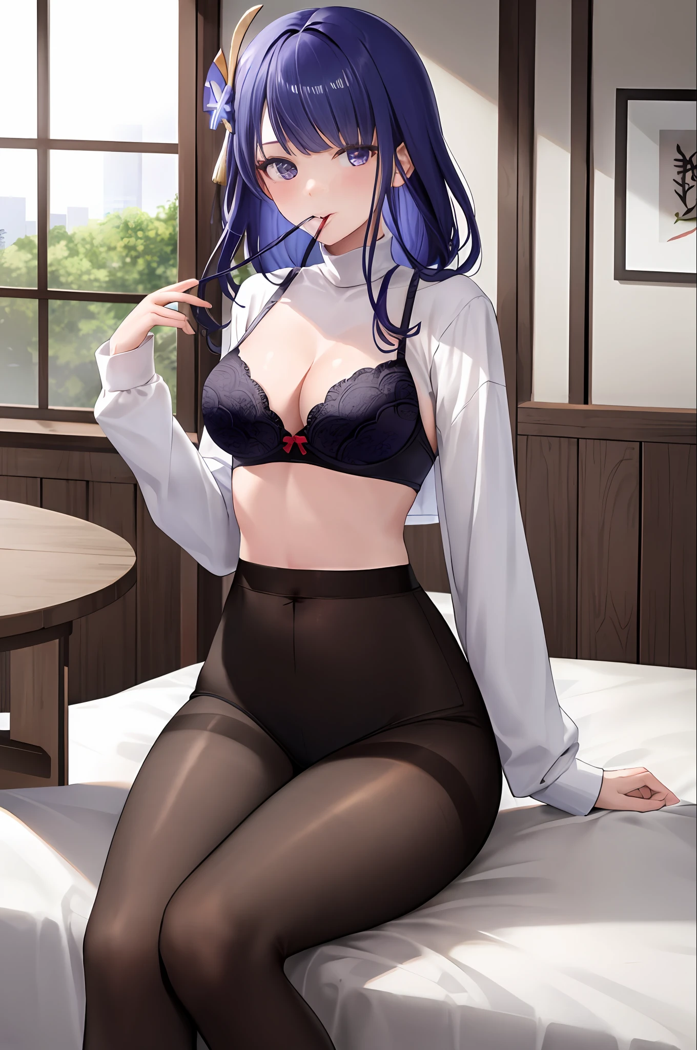 ((masterpiece, best quality)),8k,indoor ,1raiden shogun,mouth_hold,(white shirt:1.2) ,looking at viewer,slim waist,black bra, use pantyhose