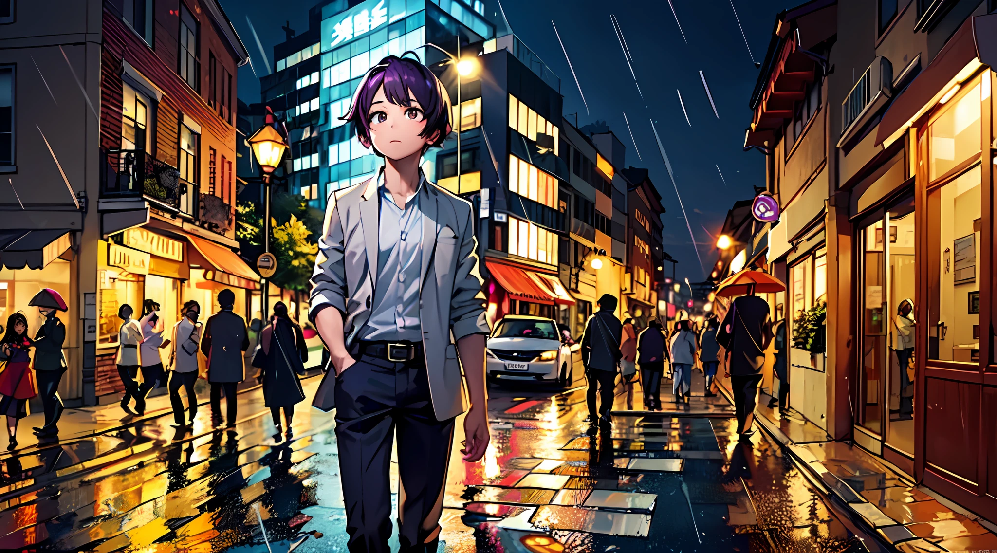 Like a work of art、Generate beautifully detailed CG images、Use expressions that align with the aesthetics of the work、Create effective images、High-quality illustrations with attention to detail、A city that shines at night、1 beautiful man、Brown eyes、Purple hair、Black jacket、Street lamp light、Bustling street、Beautiful expression。Kenpo surrounded