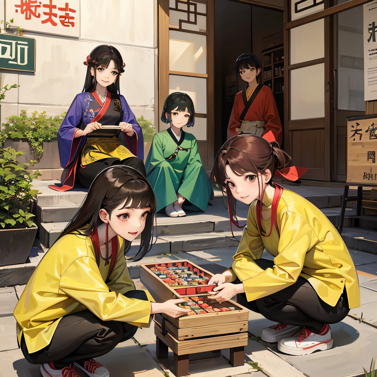 Four Chinese squatting in a modern style square playing Indian marbles at the moment，They are smiling，A happy atmosphere pervades the entire scene。 --auto