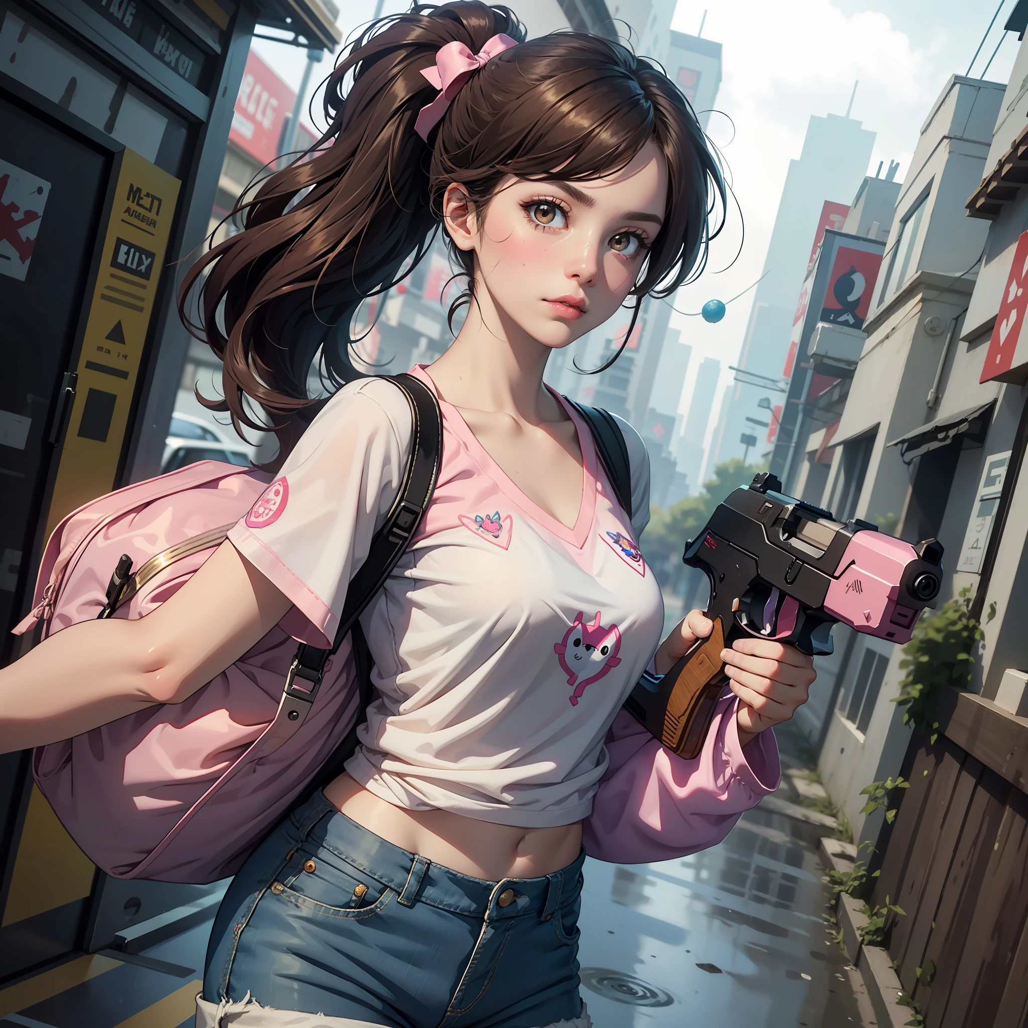 (masterpiece, high quality) Cute D.Va (from Overwatch), brown ponytail hair, (wearing short pants), brown eyes and cute lips, kawaii and beautiful face, pink_facial_mark, nice hands, perfect hands , (wearing Shirt Blouse Loose Fit Casual V-Neck Tops), holding gun 🔫, in street, rainy, pale white skin ,gunatyou, aiming at viewer, aiming by gun at you