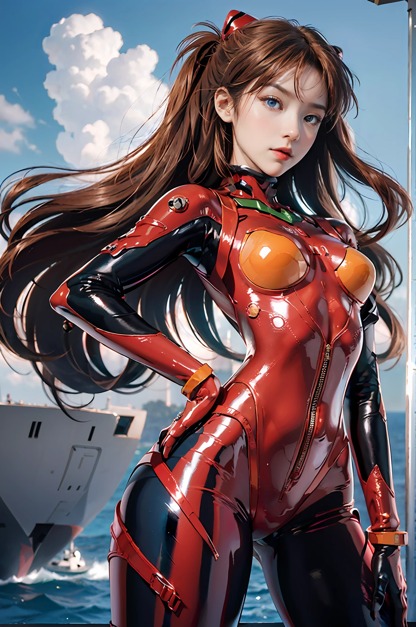 Masterpiece, 8K, 3D, Realistic, Full: 1.4, stand,open legs, From below,Ultra Micro Photo, Top Quality, (1 Female), 25 years old,(Blue eyes, Beautiful face, Beautiful eyes), Tall, Thin and muscular,Small face, Perfect proportions,High-leg swimsuit accentuated pubic shape, (Sue Li Aska Langley, Sue Li Aska Langley, Plug Suit 02), Shiny eyes,Thin lips, Narrow eyes, thin and sharp pale eyebrows, long eyelashes, long lower eyelashes, double eyelids, model pose with hands on the hips, visible pores, seductive smile, shine red high-gloss suit, holographic leather, rubber suit with strong metallic luster and smooth surface, large connection terminals under the chest of precision circles, precision circular shoulder metallic and large silver connection terminals, Beautiful female hands in red titration gloves, (strong metallic shiny black tie latex on the inside of the arm), (sea, aircraft carrier, battleship, open sea, vivid blue sky, strong natural light, detailed background, sunlight, exquisite lighting and shadows), dynamic pose, DSLR, sharp focus: 1.0, maximum clarity and sharpness,