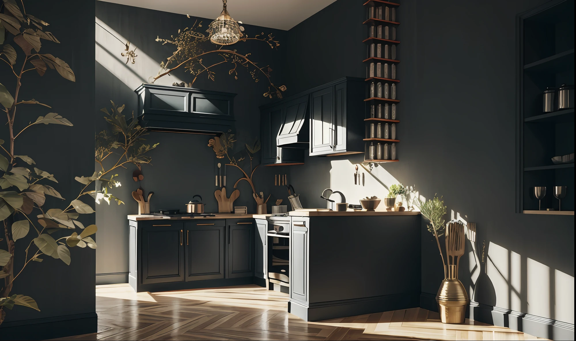 (Royal style kitchen), decorative wallpaper, realistic lighting, EU5, best rendering, highest quality, excellence, best quality, 4k, interior architecture, neoclassical, cinematic lighting, top quality,