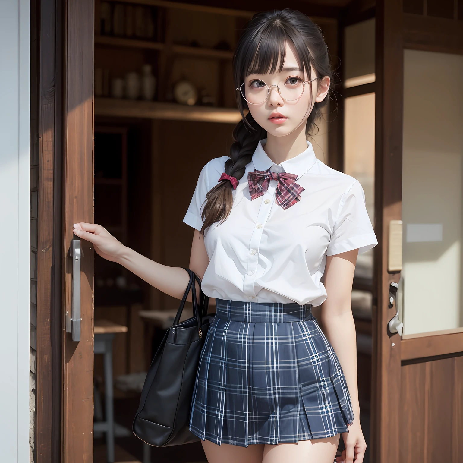 (8K、Raw photography、top-quality、masterpiece:1.2),a small face,Parting the bangs from the middle、Forehead visible,(Tight eyes,Bullish,skinny,Rasping,irate,small tits,flat breast)、masterpiece,top-quality、超A high resolution,Raw photo,ren,Beautiful fece,One Person, 独奏,eye glass,,Dark look,Small breasts,fullllbody,Round glasses、cute little、A Japanese Lady,is standing,(Tight eyes,Bullish,skinny,Rasping,irate,small tits,flat breast)、(Photorealsitic:1.37)、Photon mapping,Light blue ribbon,Realistic、Cute little face,Brown-eyed、Black socks、(Red bow tie)、Radio City、Physically Based Rendering、Foreground、depth of fields、Blurry background、a picture,The girls、Body, Long legs, Thin leg, poneyTail,(Bangs are visible), hair, s lips, Blue_The eye, nosesoft,White shirt, Navy blue and white plaid pleated skirt, Sheer clothing,, Thigh, Black cotton socks,Nogizaka Idol, 女優, Japanese ido