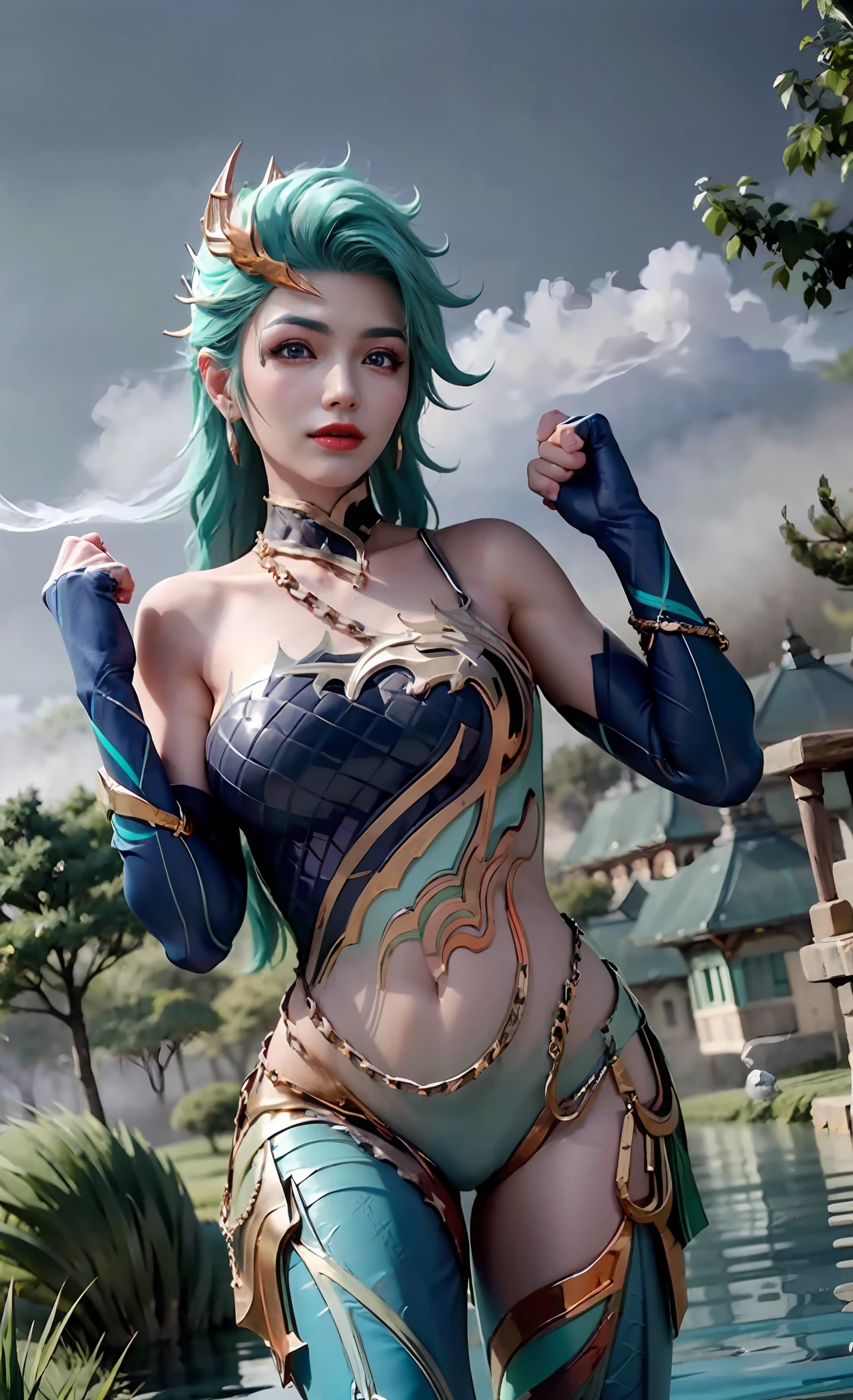 ((Tall girl reciting mantras)), peeking out from under his forehead, BREAK, (Fog in the background, Chaos, destruction, Gold Chains:1.5), (Slim_thights:1.3), ((big breastes)), Slender_thights, aqua hair, 1girl, 独奏, (shapely body:1.4), generous cleavage, Skinny, detailed anatomy, the perfect body, Detailed body, detailized face, Beautiful anatomical eyes. BREAK Kaisa Dragon Lagoon,  The BREAK is very detailed, Intricately detailed art, Artstation's Detailed Triadic Color Trend in Unreal Engine 5, 8K resolution, deviantart masterpiece.
