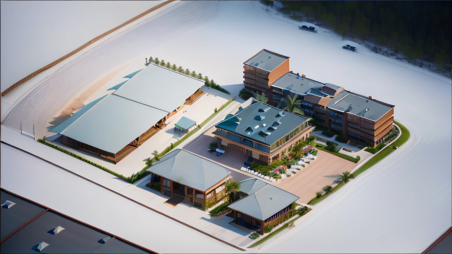 A resort with a system of two-story hotels, a single-story restaurant, an outdoor swimming pool, a pedestrian street between the restaurant and hotels. In the center of the resort is a villa with a system of windows and a thatched roof --auto