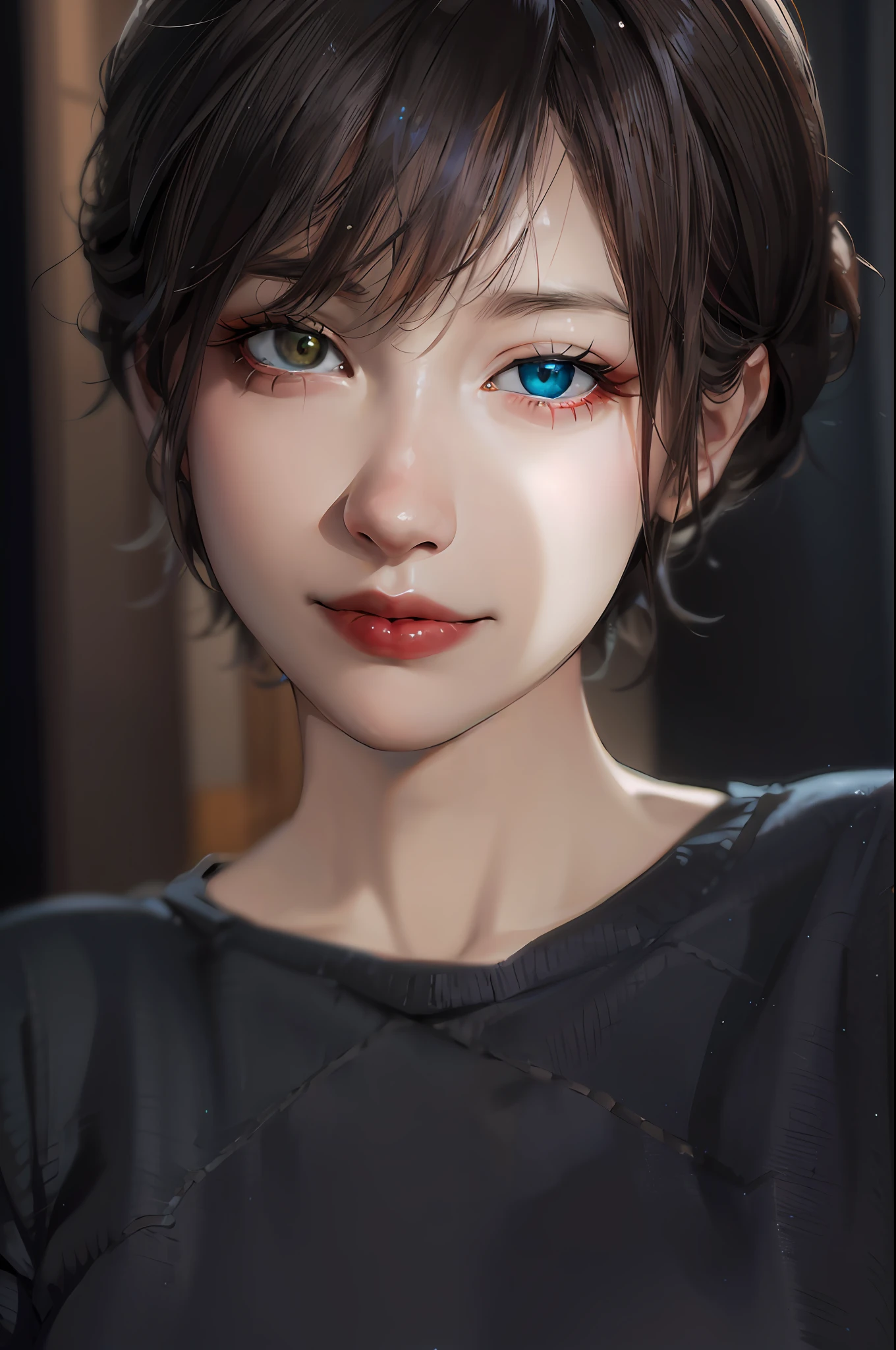 (obra-prima: 1.3), (8k, fotorrealista, foto RAW, melhor qualidade: 1.4), (1girl), rosto lindo, (rosto realista), (cabelo preto, cabelo curto: 1.3), penteado lindo, olhos realistas, belos detalhes olhos, olhos com heterocromia, olho direito marrom e olho esquerdo azul escuro esverdeado, (pele realista), pele bonita, (pullover), absurdos, manchas Claras ao redor dos olhos, atrativos, ultra high-resolution, ultra realista, altamente detalhado, proportion Aurea