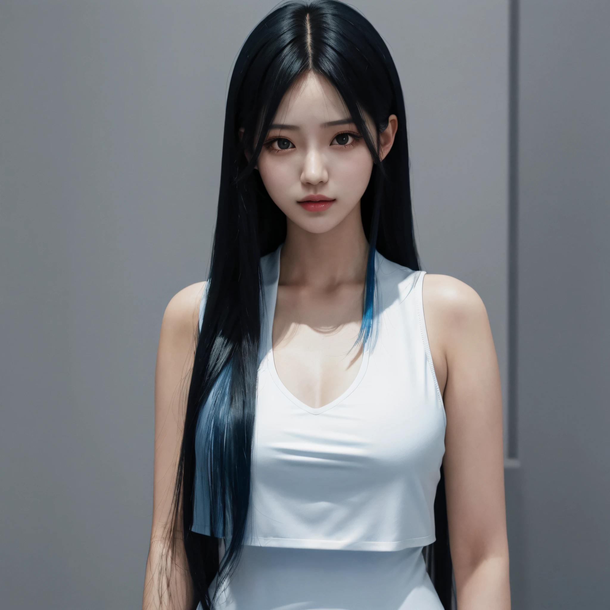 Long blue-black hair，A half body，frontage，is shy，delicated，Raised sexy，Beautuful Women，hyper HD，high detal，shadowing，White vest clothes，