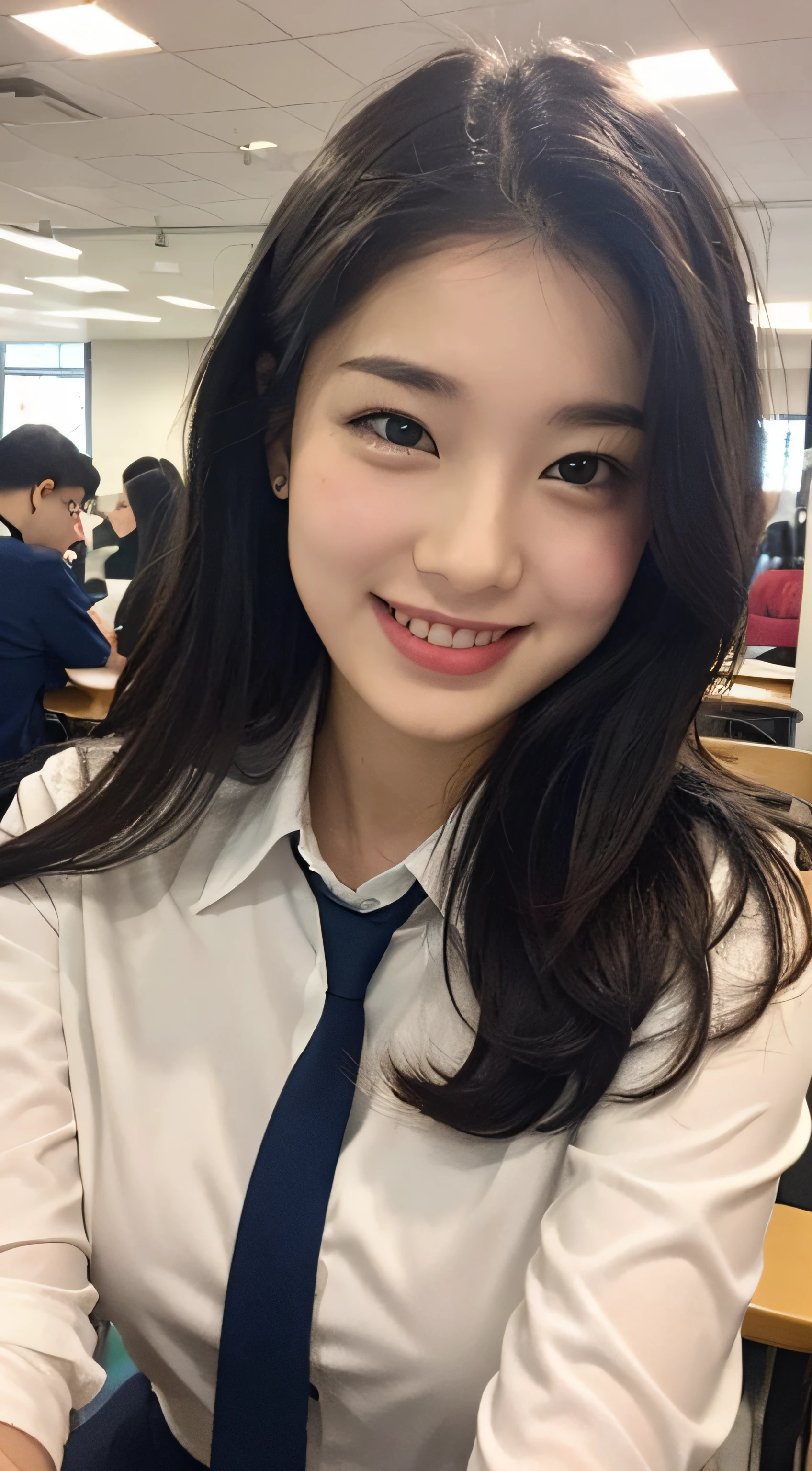 Highly detailed 8k wallpaper), sharp focus, detailed, dramatic, 15 years old, delicate and beautiful schoolgirl, sheer white shirt, tie, dark blue pleated micro mini, pink lingerie, sexy, smiling, peeping at the viewer, graphics beautiful, bright school building, full of students, sit, .