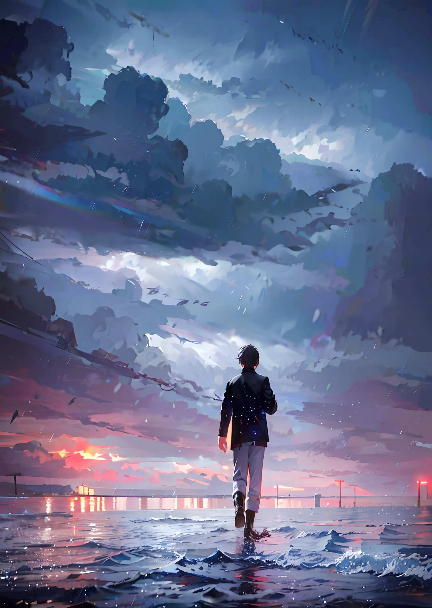 There was a man walking in the waves with a sword, Against the wind and waves, the sea and storms behind him, Gloomy weather. High quality, Bad weather is coming, storm in the evening, Stormy weather at night, cinematic atmospheric photo, during a storm, ominous beautiful mood, lonely human walking, man walking, Lightning,thunders,salama