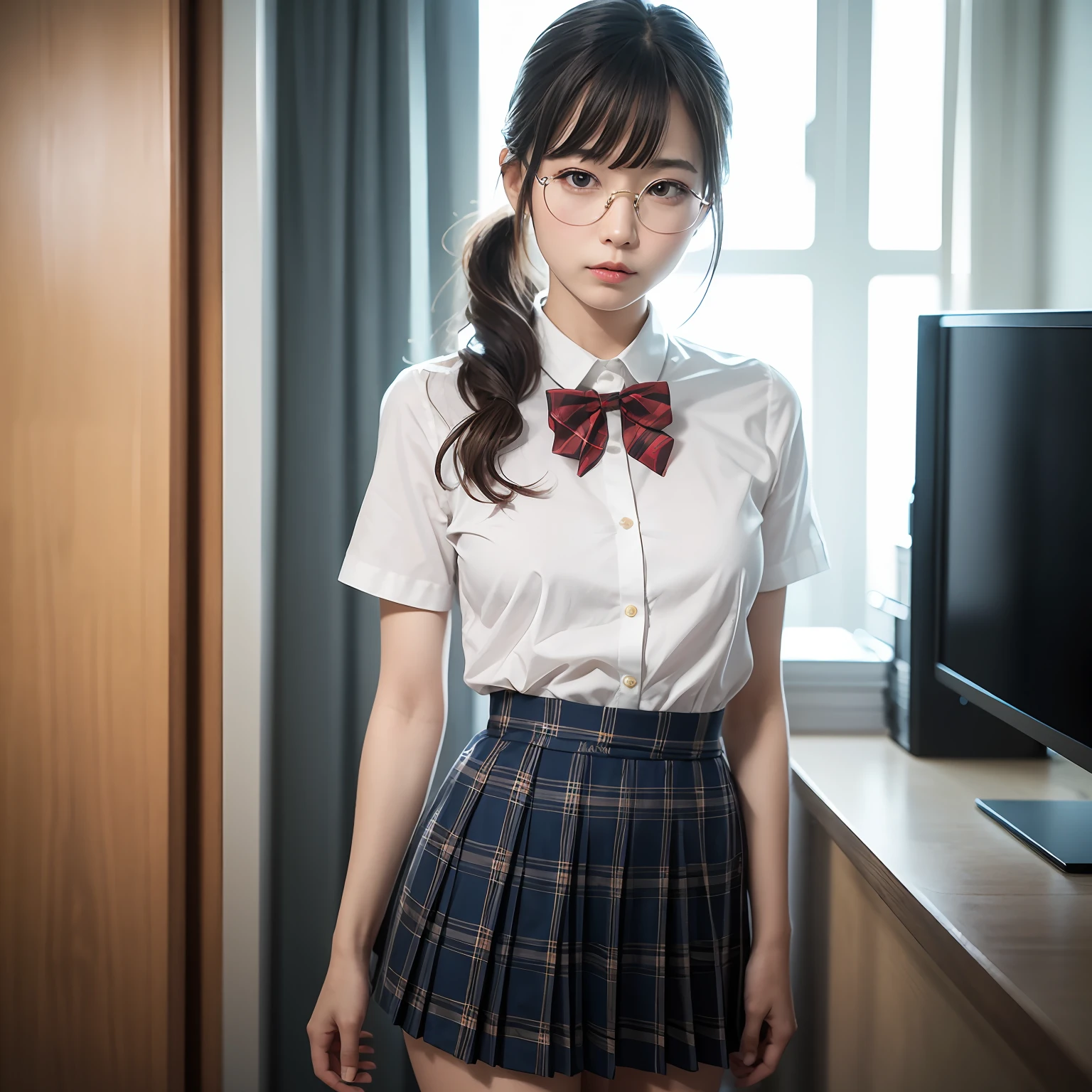 (8K、Raw photography、top-quality、masterpiece:1.2),a small face,Parting the bangs from the middle、Forehead visible,(Tight eyes,Bullish,skinny,Rasping,irate,small tits,flat breast)、masterpiece,top-quality、超A high resolution,Raw photo,ren,Beautiful fece,One Person, 独奏,eye glass,,Dark look,Small breasts,fullllbody,Round glasses、cute little、A Japanese Lady,is standing,(Tight eyes,Bullish,skinny,Rasping,irate,small tits,flat breast)、(Photorealsitic:1.37)、Photon mapping,Light blue ribbon,Realistic、Cute little face,Brown-eyed、Black socks、(Red bow tie)、Radio City、Physically Based Rendering、Foreground、depth of fields、Blurry background、a picture,The girls、Body, Long legs, Thin leg, poneyTail,(Bangs are visible), hair, s lips, Blue_The eye, nosesoft,White shirt, Navy blue and white plaid pleated skirt, Sheer clothing,, Thigh, Black cotton socks,Nogizaka Idol, 女優, Japanese ido