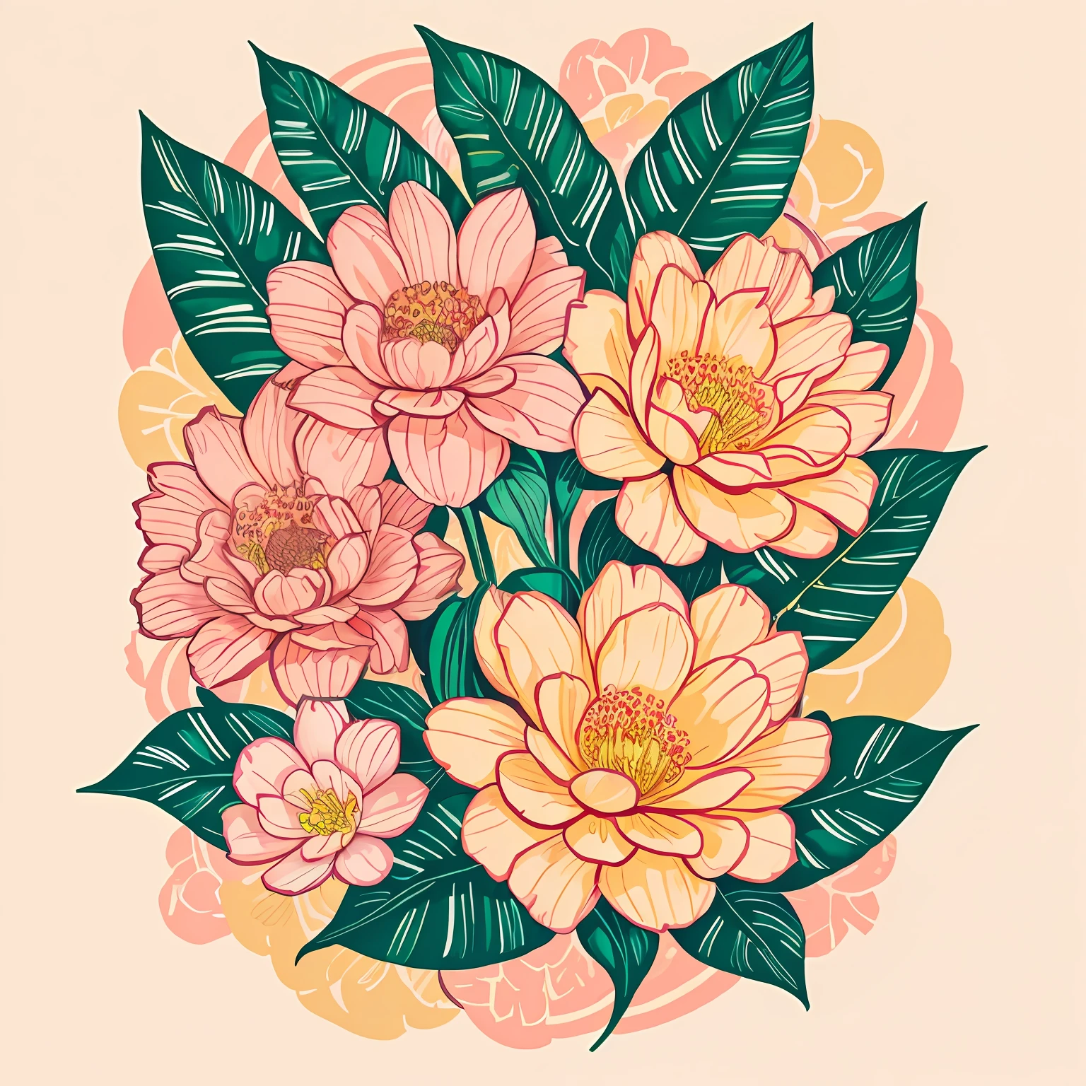 florals,Printing,Soft beige,pastel pink,Tropical plants,flatillustration,GUI,Maximalism,Bright color scheme
