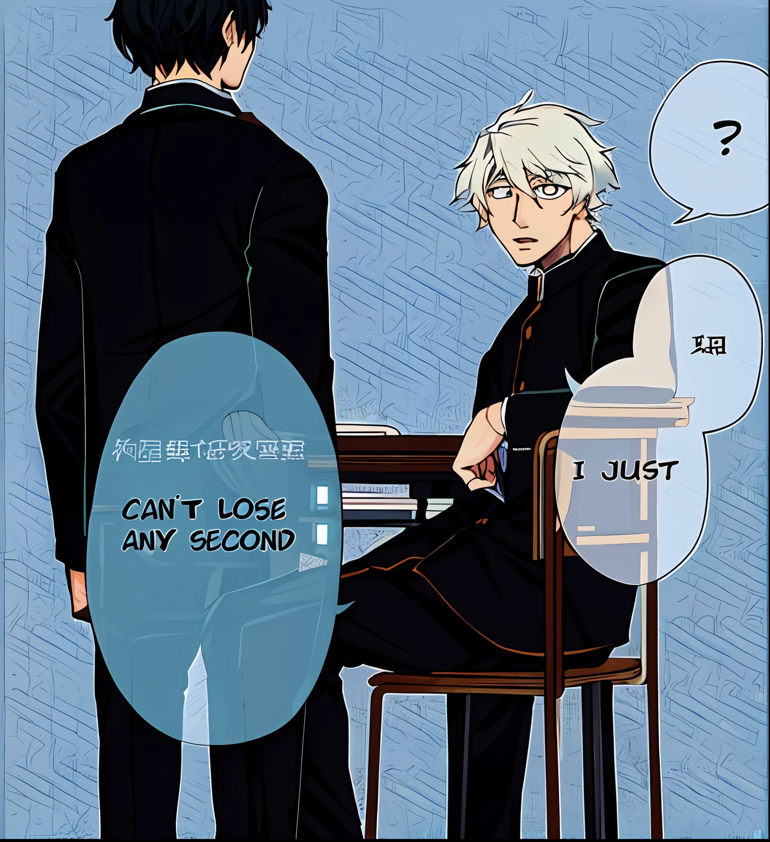 boys talking, sitting, table, chair, black shirt uniform school, text bubble speech, color manga, manga color, color manga, color manga panel, simple background, a white background