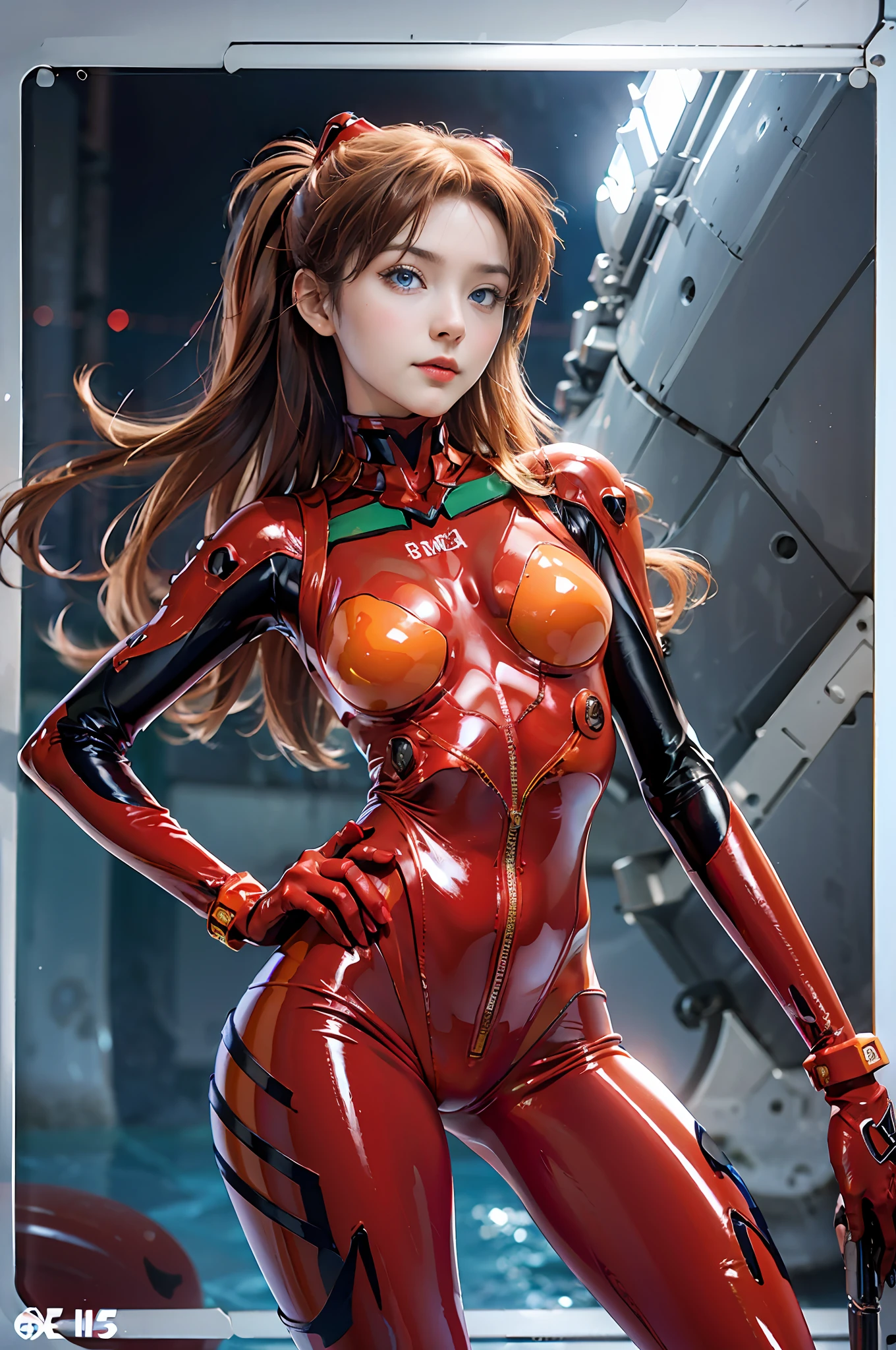 Masterpiece, Full: 1.4, stand,open legs, from below,8K, 3D, Realistic, Ultra Micro Photography, Top Quality, (1 Female), 25 years old, Tall, Thin and muscular,Small face, Perfect proportions, (Sury Asuka Langley, Plugsuit 02), Pretty face,((Blue eyes, Beautiful face, Beautiful eyes))), Shiny eyes,Thin lips, narrow eyes, Thin and sharp pale eyebrows, long eyelashes, long lower eyelashes, double eyelids, model pose with hands on the hips, visible pores, seductive smile, high-leg swimsuit, shine red high-gloss suit, holographic leather, (rubber suit with strong metallic luster and smooth surface), large connection terminals under the chest of precision circles, precision circular shoulder metallic and large silver connection terminals, Beautiful female hands in red titration gloves, (strong metallic shiny black tie latex on the inside of the arm), (sea, aircraft carrier, battleship, open sea, vivid blue sky, strong natural light, detailed background, sunlight, exquisite lighting and shadows), dynamic pose, DSLR, sharp focus: 1.0, maximum clarity and sharpness,