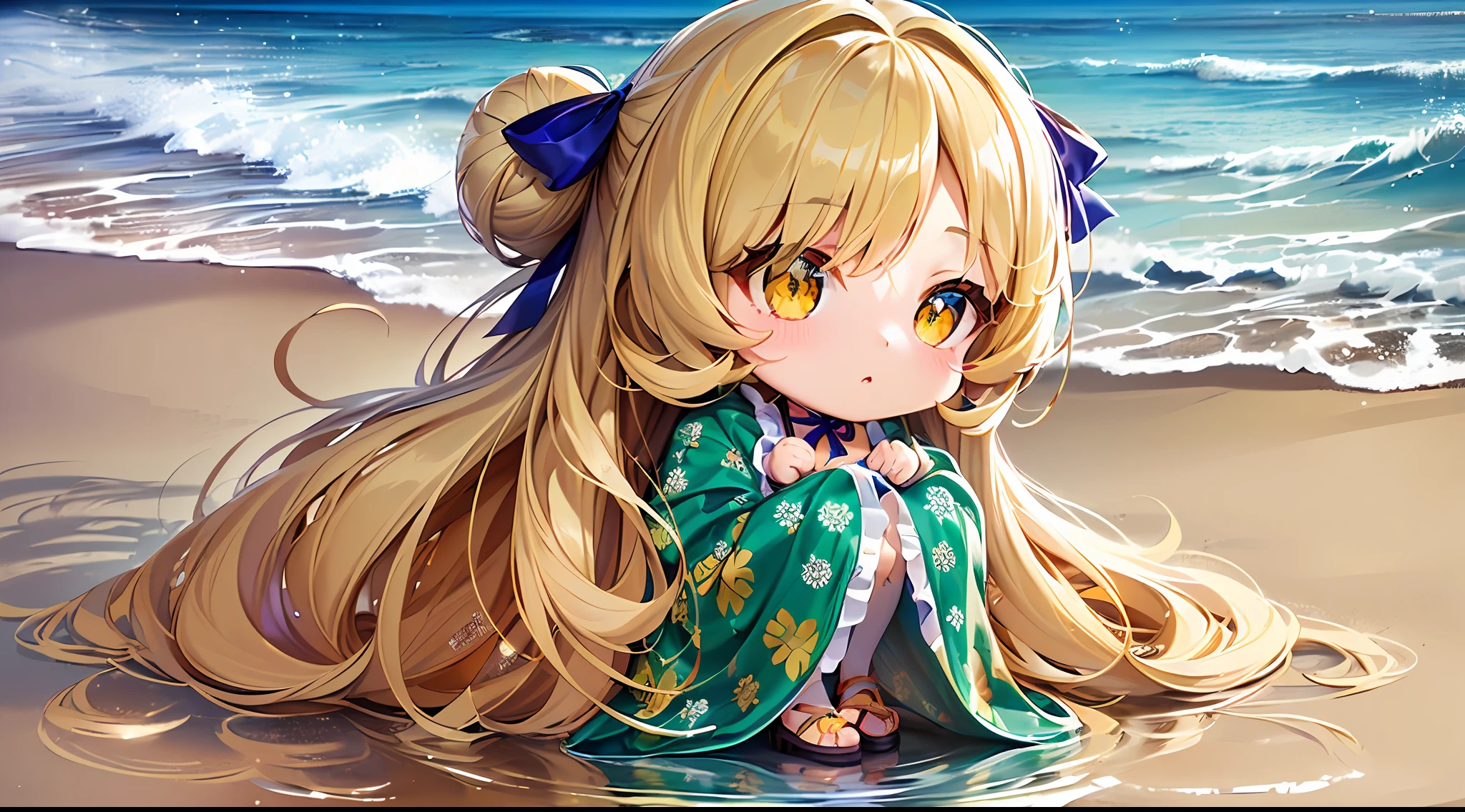 (masutepiece) ((Kaleidoscope)) ((Harmonious)) (ultra-quality) (very exquisite) (Professional Balance) (absurderes) (Wide Shot) (1人の女性) ((Upper body)) ((fullllbody)) ((F Cup Breasts)) (Fine-grained body lines) ((realisitic:0.75)) (zettai ryouiki) (Hi-Res Textures) (Clearly draw the shape of the nose) ((Exposure 1:0.25)) (((Shiny skin))) (X Hair Ornament) (Ornament Heart(Glitter Bangle) (((((Beautiful little bun hair in yellow color))))) (Wave hair) (Quality and beautiful finger placement) (Fine, Beautiful clean hands) (It clearly depicts the reflection of small white light in the pupil, which adds depth to the pupil) (((top-quality、Elegant yellow detail eyes))) (((Ultra Definition Masterpiece Highest Quality:1.2 4DCG high quality))) (Highly detailed face and eyes) (24-year-old woman) (Model body type) (Slender and long legs) (A slender) (mascara) (eyeshadows) (eye liner) (Glossy lipstick) (((((White Emerald Green Ash× Angel Ribbon× Micro Bikini× Ruffles))))) ((Angle of pull)) ((model poses)) ((((Beautiful fece((Hawaiian))the beach)))) ((((longshot)))) (((wide Shots))) ((((Close one eye))))) (Background with、Majestic summer sea) ((((Support the chest on the sand)))) (((Leaning forward))) (((((Big Chest Beach(((emphasized)1:1))))))) (((Dainty appearance))) (((Background with:Subject ratio:1:0.5))) (((NSF1:1.5))) (((Lie down on the sand))) (((Shameless))) (((((((Full body size)))))))