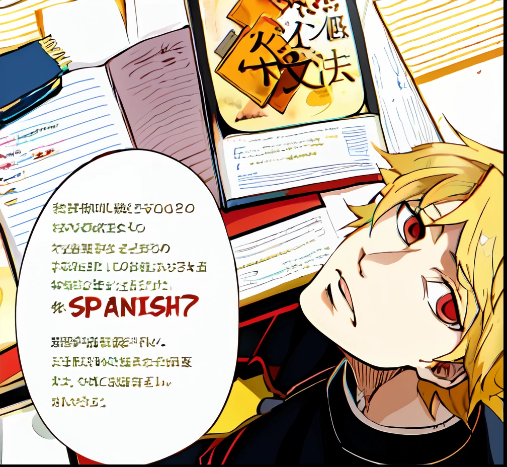 a anime of a man with blonde hair, red eyes, her head looking up, table, books, studying, writing tool, black shirt uniform school, lazy, text bubble speech, color manga, manga color, color manga, color manga panel, simple background, a white background