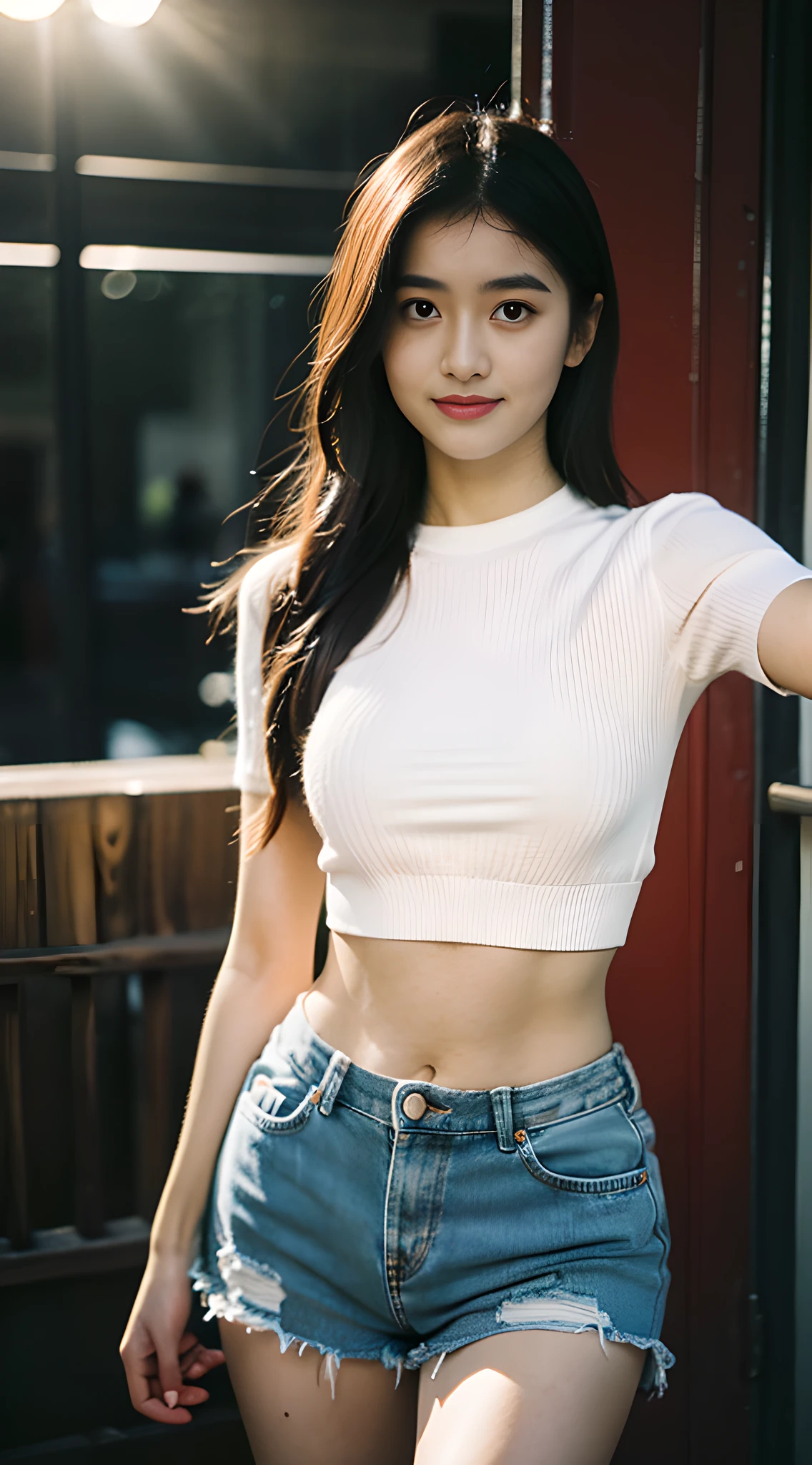 1 girl, solo, phone, shorts, cell phone, long hair, denim, brunet, iphone, midriff, navel, selfie, denim shorts, shorts, holding the phone, torn clothes, truncated, reality, holding, brown eyes, white shirt, crop top shirt, looking at the audience, shallow smile, real photo, HD texture,