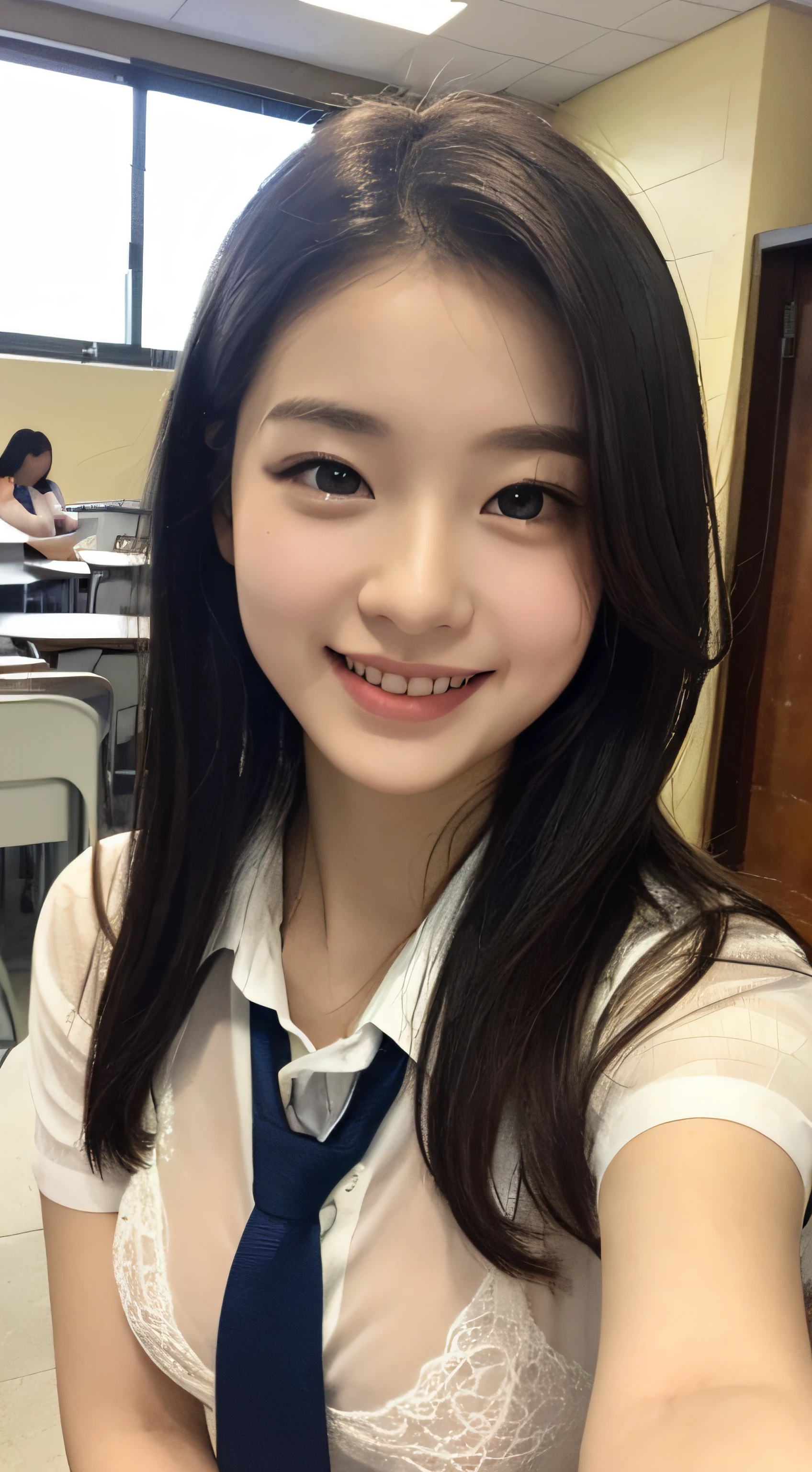 Highly detailed 8k wallpaper), sharp focus, detailed, dramatic, 15 years old, delicate and beautiful schoolgirl, sheer white shirt, tie, dark blue pleated micro mini, pink lingerie, sexy, smiling, peeping at the viewer, graphics beautiful, bright school building, full of students, sit, .