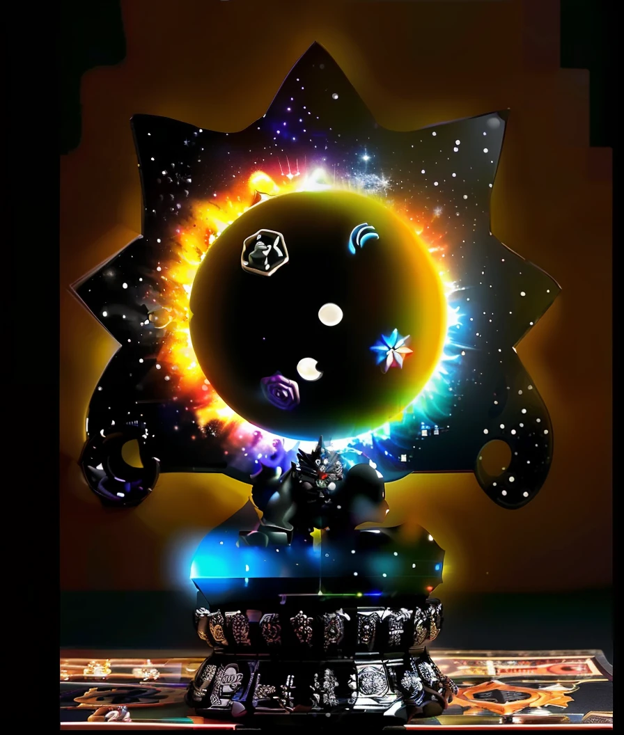 um close up de um brinquedo com um fundo preto e uma estrela, cosmic bjork, Sol do buraco negro, brinquedo designer de vinil, Enorme sol preto brilhante, moonray render, estatueta de brinquedo de vinil, sol do buraco negro, lua negra gaint, galactic deity, Arte Promocional, enorme sol negro gigantesco, sol preto, Sol preto com eclipse roxo, art toys collectible figurine