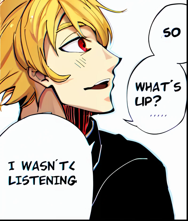 a anime of a man with blonde hair from side view, red eyes, black shirt uniform school, open mouth, text bubble speech, color manga, manga color, color manga, color manga panel, simple background, a white background
