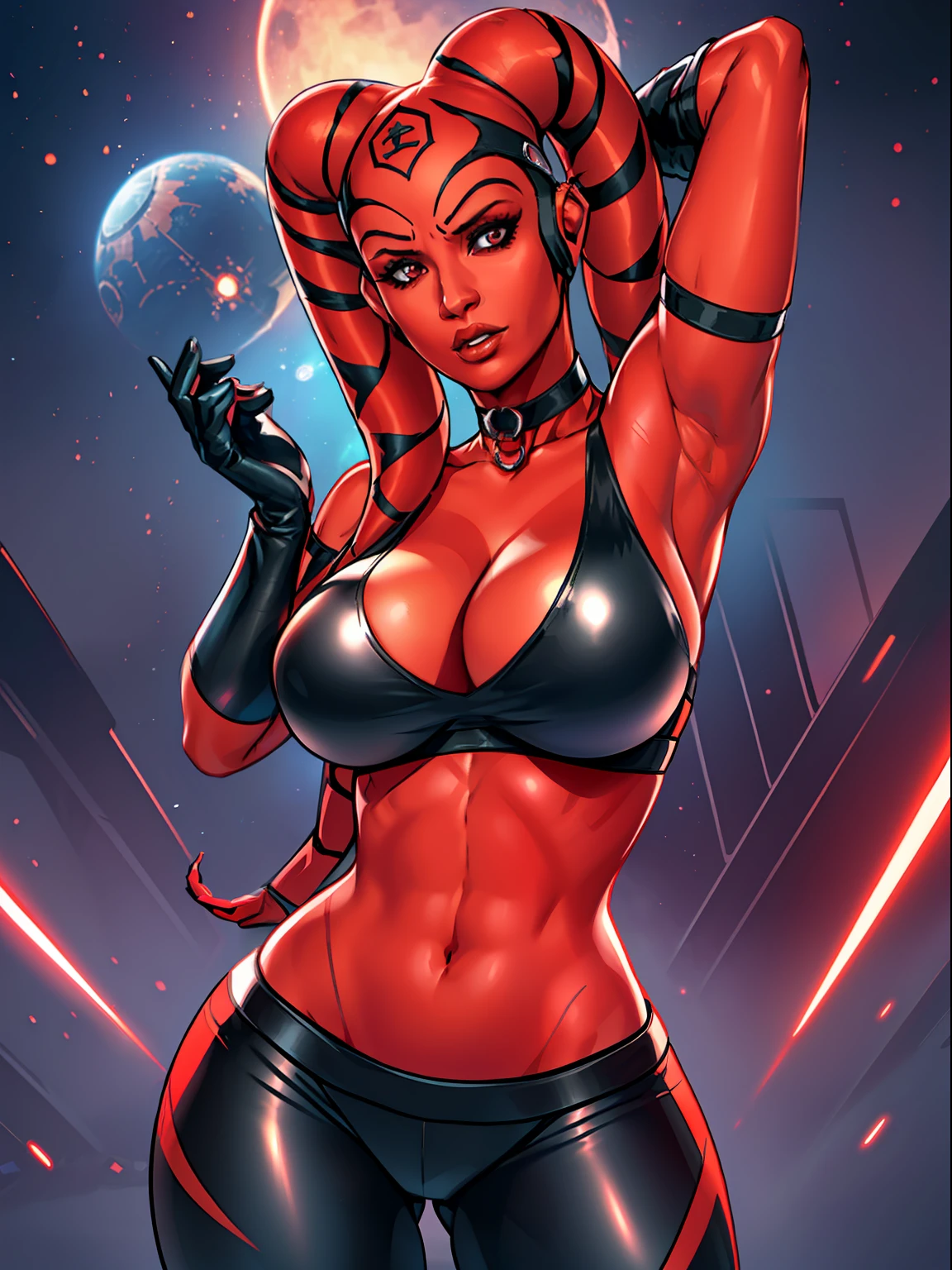 busty, ((red skin), twi'lek), stretching, evil space dancer, (black sports bra, cleavage, choker, leggings, gloves), ((busty), slender body, thin, slim sexy body, slim waist, huge tits, ((gigantic breasts))), Imperial starship, Star Wars,