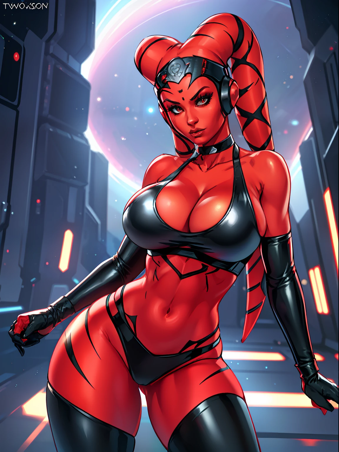 busty, ((red skin), twi'lek), stretching, evil space dancer, (black sports bra, cleavage, choker, leggings, gloves), ((busty), slender body, thin, slim sexy body, slim waist, huge tits, ((gigantic breasts))), Imperial starship, Star Wars,