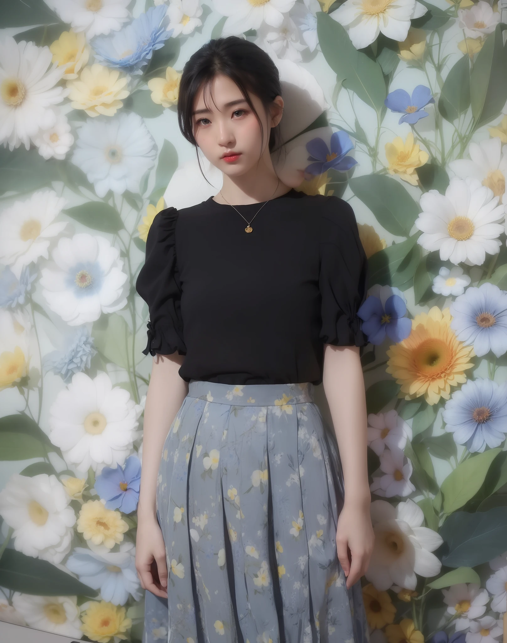 (long  skirt:1.2)、(Blue Flower Print:1.2)、(Yellow flower print:1.2)、(Red Flower Print:1.3)、(Bird Print:1.2)、(leaf print:1.2)、女の子1人、full bodyesbian、(short-hair:1.1)、(realisitic:1.7)、((top-quality))、absurderes、(超A high resolution)、(Photorealsitic:1.6)、Photorealsitic、octan render、(hyper realisitic:1.2)、(photorealiscic face:1.2)、(8K)、(4K)、(masuter piece)、(realistic skin textures)、( beautidful eyes:1.2)、((((face perfect))))、(cute little)、(is standing)、(A dark-haired)、(long髪)、black eyes、red-lips、(outside of house)、