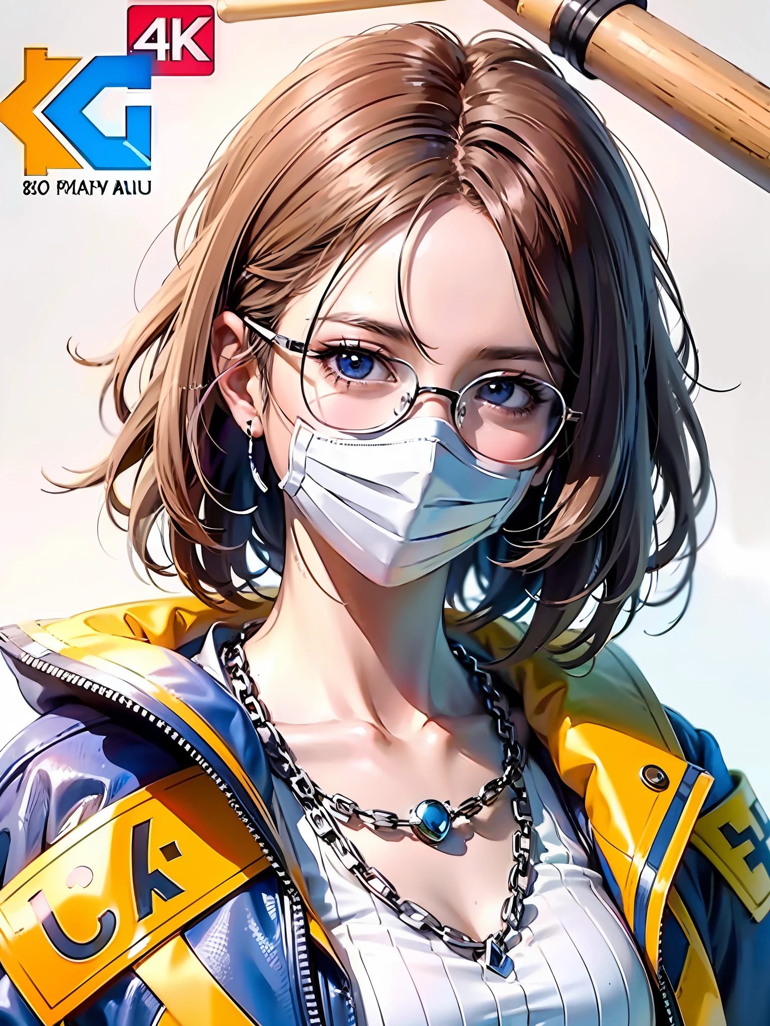 Anime girl wearing mask and glasses,Baseball bat in hand, style of anime4 K, Anime style. 8K, Stunning anime face portrait, detailed portrait of an anime girl, Anime art wallpaper 8 K, Style anime, Realistic anime 3 D style, Anime art wallpaper 4k, Anime art wallpaper 4 K, clean and meticulous anime style, Anime wallpaper 4K