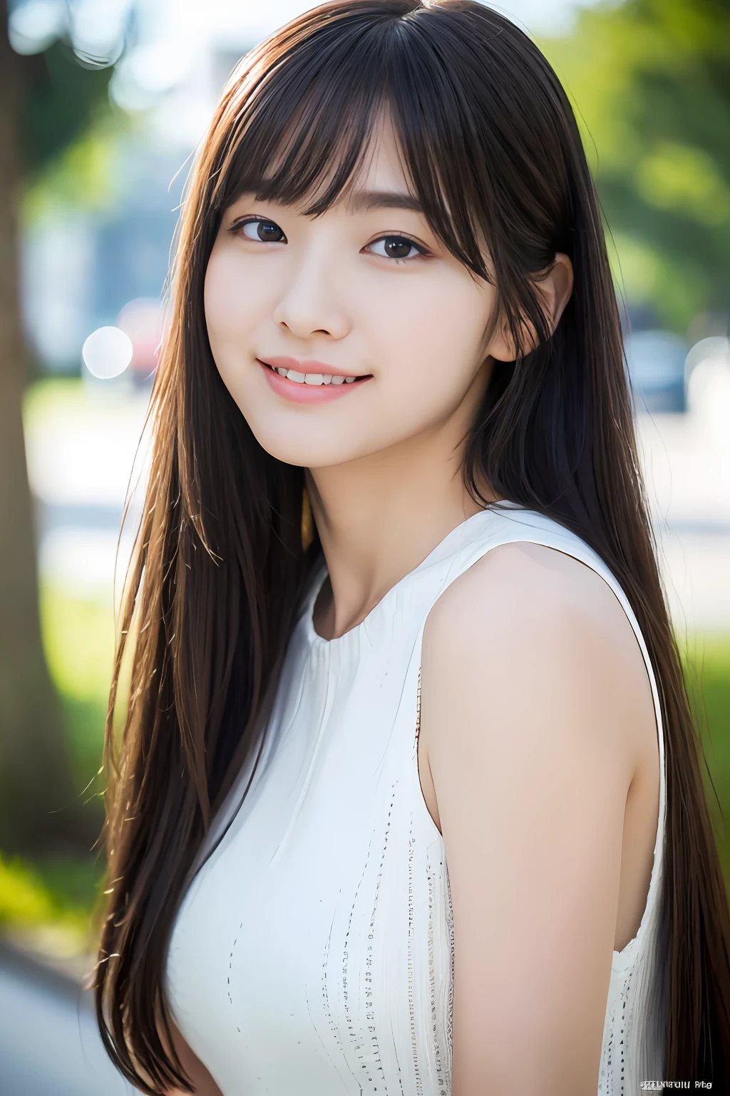 (8k, RAW photos, top quality, masterpiece: 1.2), super detailed, super resolution, (real, real photos: 1.37), portraits, high resolution RAW color photos, professional photos, very detailed and beautiful, very detailed, 8k wallpapers, amazing details, huge file size, official art, highly detailed CG Unity 8k wallpapers, very detailed beautiful girls, very detailed faces very detailed eyes, Very detailed skin, Very detailed fingers, Very detailed nose, Very detailed mouth, Perfect anatomy, Very detailed background, Very detailed clothes, One girl, (18:1.2), , Cute girl, Famous Japan idol, Cute, Realistic body, Petite, White skin, Glowing skin, Slim body, Handsome body, Black hair, Long straight hair, (dull bangs:1.2), Smile, Cute, Youthful , cute face, realistic face, delicate eyes, sale eyes,