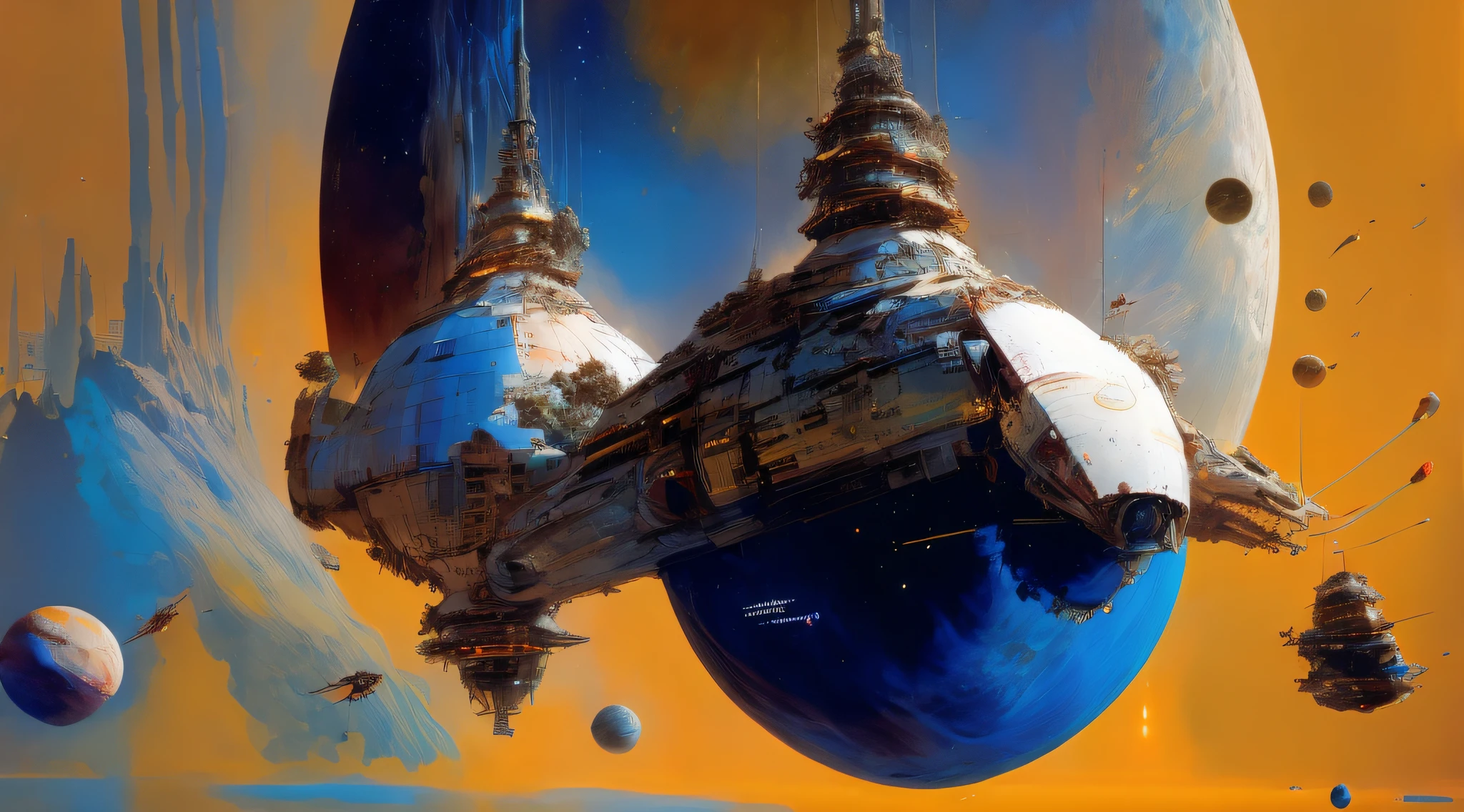 by John Berkey satellites in space orbit around the Earth, John Berkey space art style cinematography, atmospheric, photorealistic, elegant composition, Depth of Field, DOF, Tilt Blur, White Balance, 32k, Super-Resolution, Megapixel, ProPhoto RGB, VR, Halfrear Lighting, Backlight, Natural Lighting, Incandescent, Optical Fiber, Moody Lighting, Cinematic Lighting, Studio Lighting, Soft Lighting, Volumetric, Contre-Jour, Beautiful Lighting, Accent Lighting, Global Illumination, Screen Space Global Illumination, Ray Tracing Global Illumination, Optics, Scattering, Glowing, Shadows, Rough, Shimmering, Ray Tracing Reflections, Lumen Reflections, Screen Space Reflections, Diffraction Grading, Chromatic Aberration, GB Displacement, Scan Lines, Ray Traced, Ray Tracing Ambient Occlusion, Anti-Aliasing, FKAA, TXAA, RTX, SSAO, Shaders, OpenGL-Shaders, GLSL-Shaders, Post Processing, Post-Production, Cel Shading, Tone Mapping, CGI, VFX, SFX, insanely detailed and intricate, hypermaximalist, elegant, hyper realistic, super detailed, dynamic pose, photography cinematic, intense, cinematic composition + intricate detailed, cinematic lighting + rim lighting + color grading + focus + bokeh, 1X + Unsplash + 500px, taken by Canon EOS R5 RF85mm F1.8 MACRO lens 1/100sec