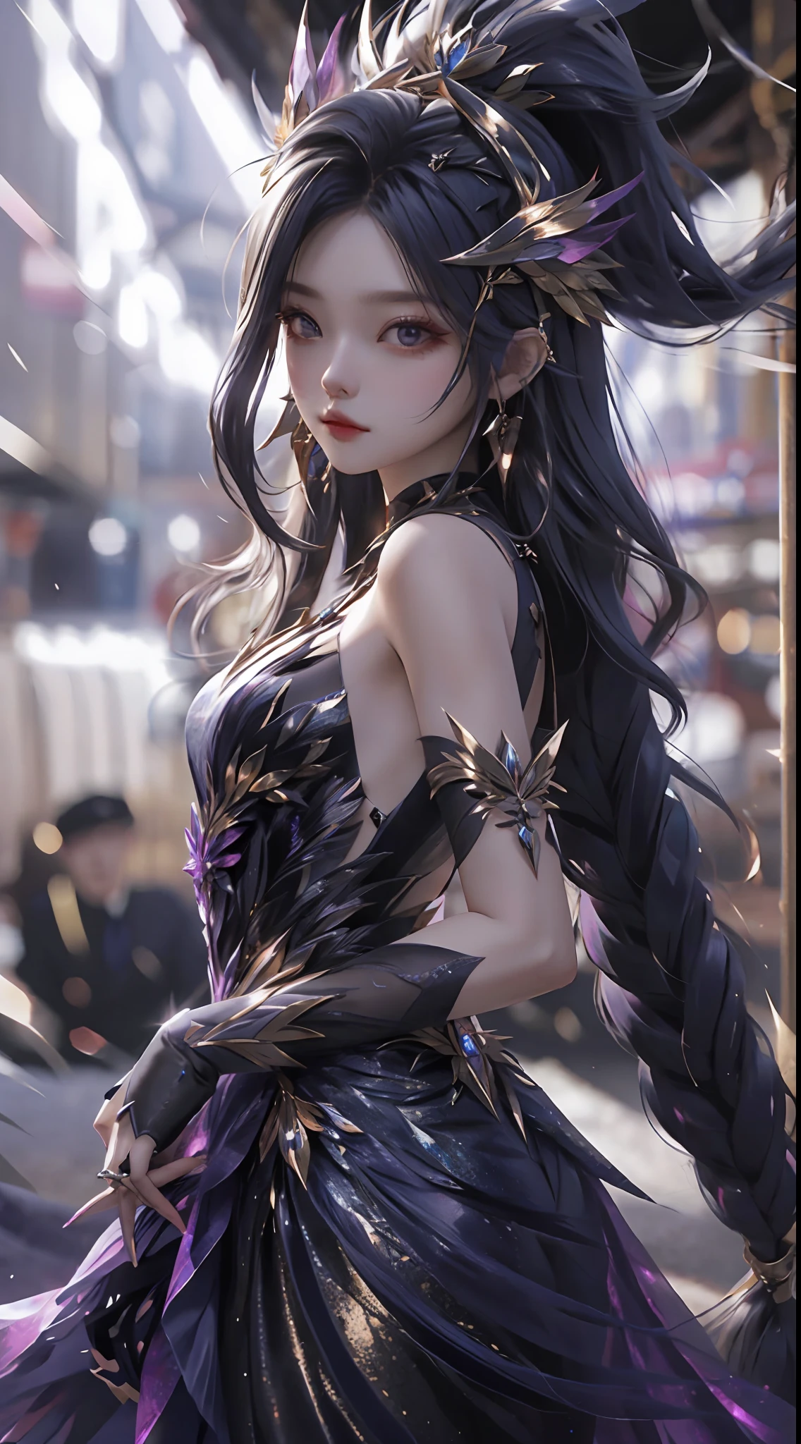 Ultra hd, 8k quality, a girl, very long hair, dark blur dress, detailed eyes, unreal engine 5,