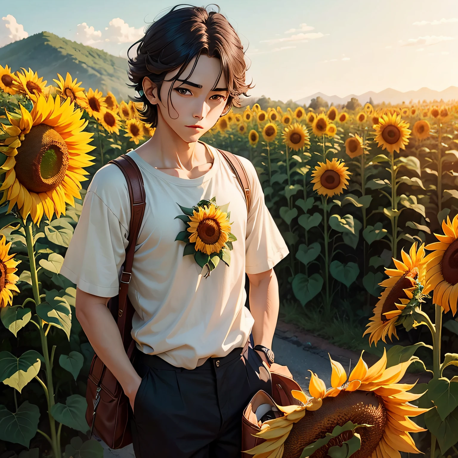 Anime boys, Beautiful sunflowers, style in ghibli anime, --auto