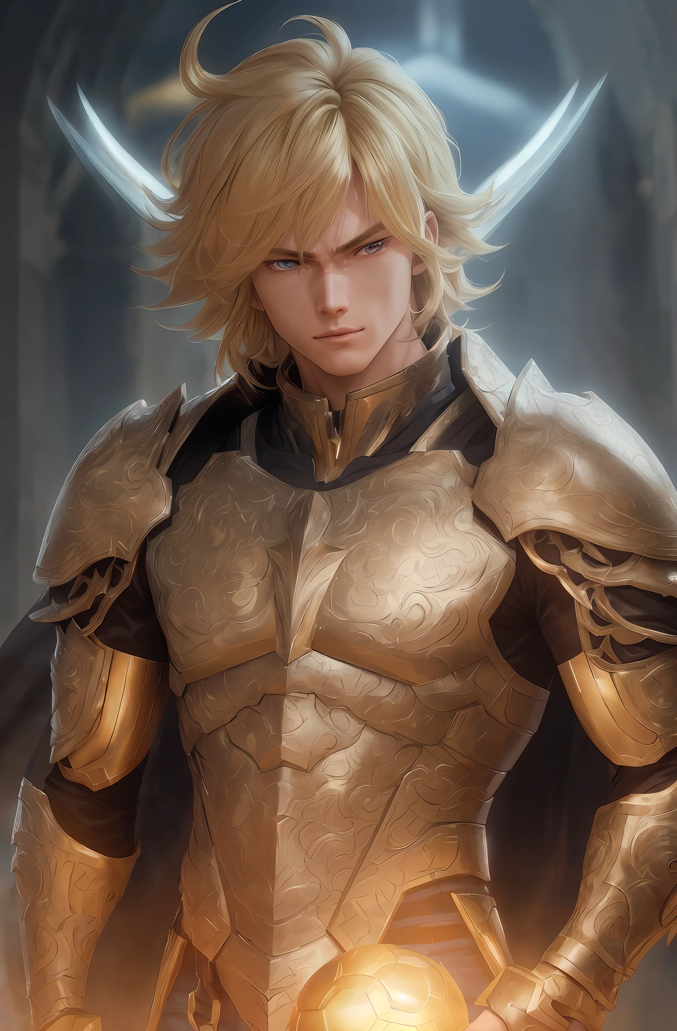 Close-up of a man in armor holding a ball, unreal engine render saint seiya, Detailed digital anime art, gold paladin, detailed anime character art, Fanart Meilleure ArtStation, Extremely detailed Artgerm, portrait of magical blond prince, highly detailed exquisite fanart, handsome guy in demon killer art, genos, 8K high quality detailed art