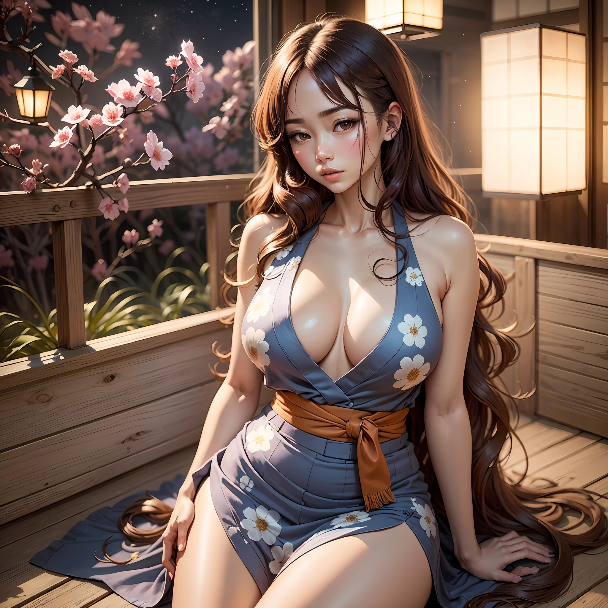 high resolution, highest quality, super high quality, super detail, ultra realistic, photorealistic, anime, manga, illustration, animification, portrait, hot spring inn, open yukata, wariza, yokozuwari, super beautiful woman, flowing layered wavy messy light brown hair, glossy eyes, mysterious, enchanting, alluring moist half open lips, huge breasts, under boob, great proportion, perfect proportion, slender, full body, background indoors at night, Japanese-style room