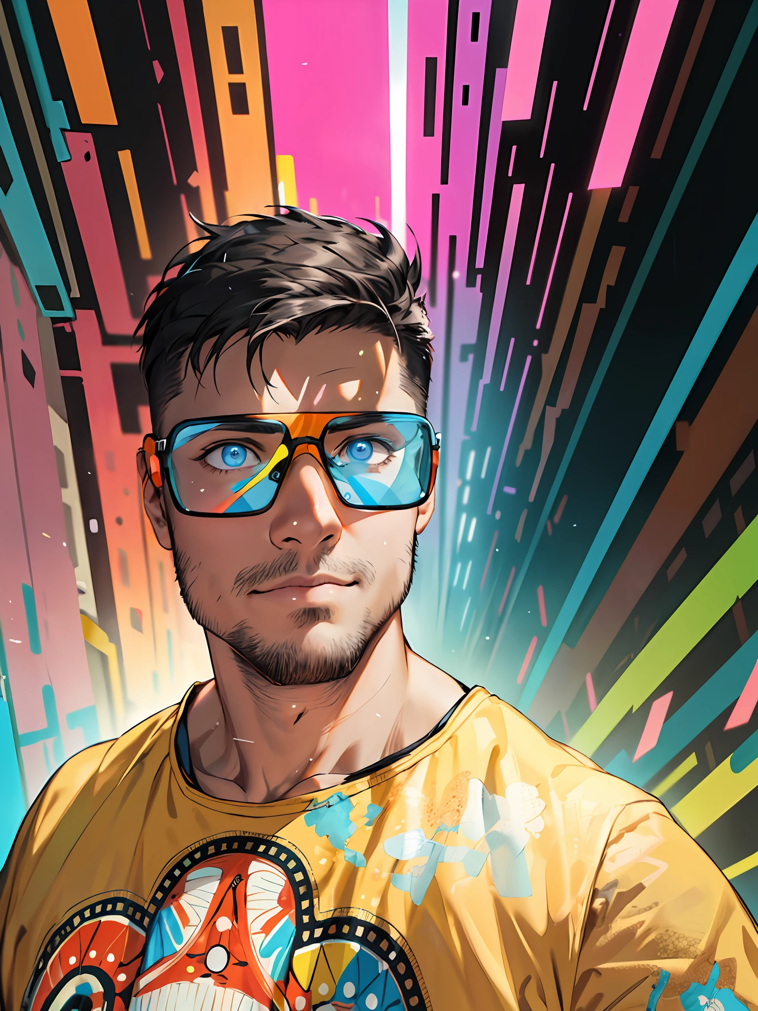 (masterpiece,best quality,absurdres ), 1man, muscular, detailed eyes, blue eyes, open jacket, running to camera, upper body, (fluorescent lamp),(colorful), ((abstract background)),