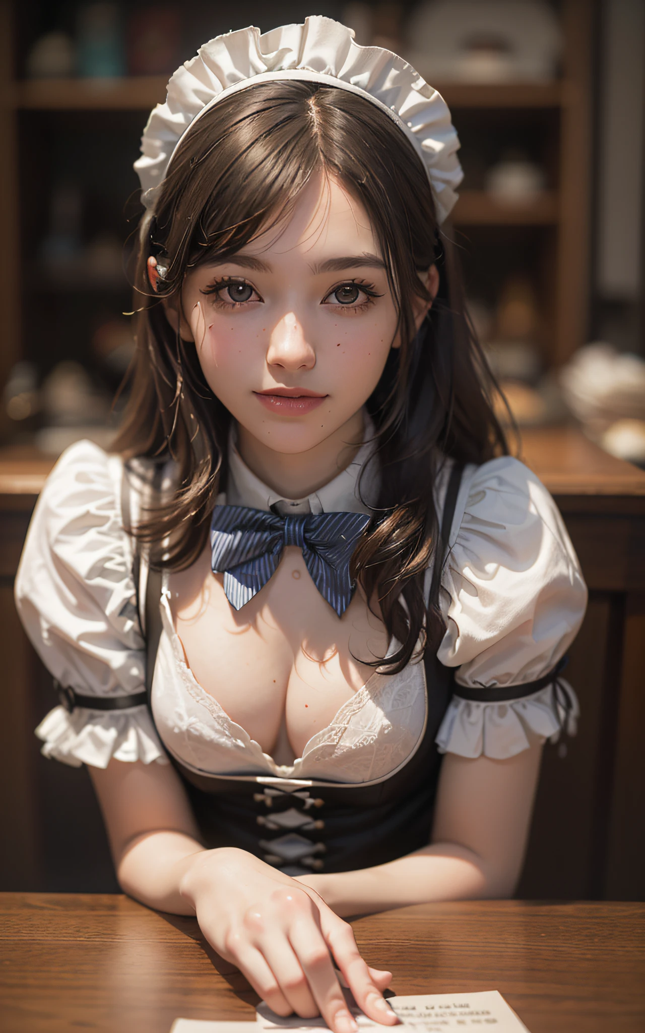 (8K, Raw photo, Best Quality, masutepiece:1.2), high-definition RAW color photography, professional photograpy, cowboyshot, (Realistic, photographrealistic:1.37), ((Best Quality)), a 20 yo woman, Cinematic Light, (finerly detailed face:1.2), (masutepiece:1.5), (Best Quality:1.2), (Mole:0.8), (Smiling:0.9), (Looking at Viewer:1.2), bowtie, (Detailed Maid:1.2), breasts on table