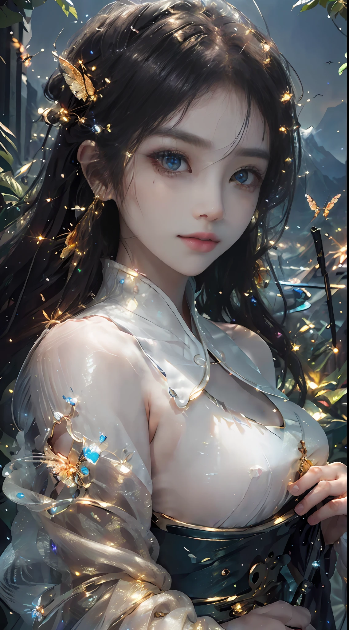 best quality, masterpiece, highres,
1girl, Detailed face, (Upper body:1.6), Cyber cities, mountains and rivers, night, firefly lights, Realistic, rich in detail, (White hanfu:1.2), (beautiful body:1.4),