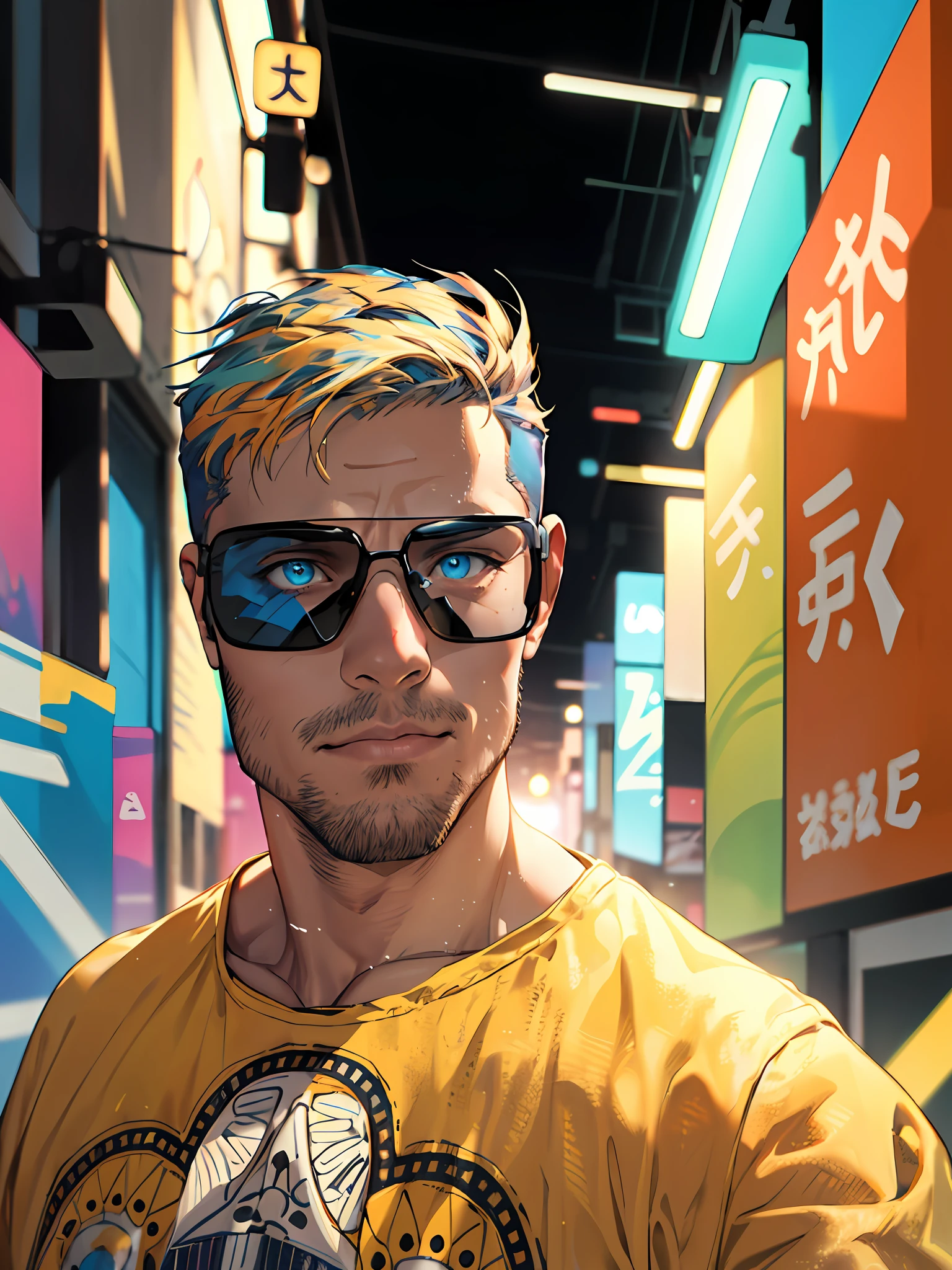 (masterpiece,best quality,absurdres ), 1man, muscular, detailed eyes, blue eyes, open jacket, running to camera, upper body, (fluorescent lamp),(colorful), ((abstract background)),