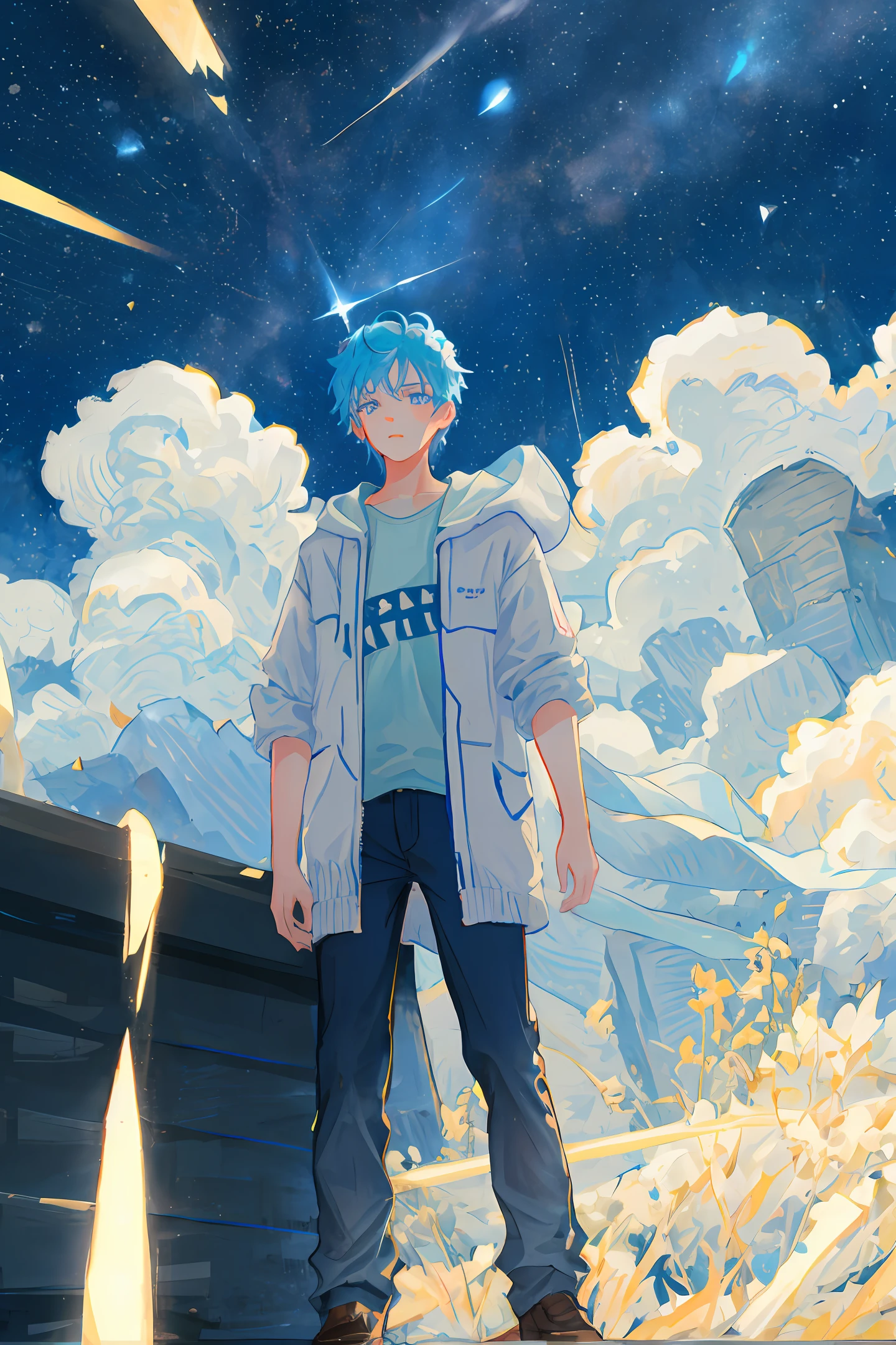 The background is the blue forest,A ager wearing a light blue begonia flower with sky blue ornaments,There is a spirit deer around him。