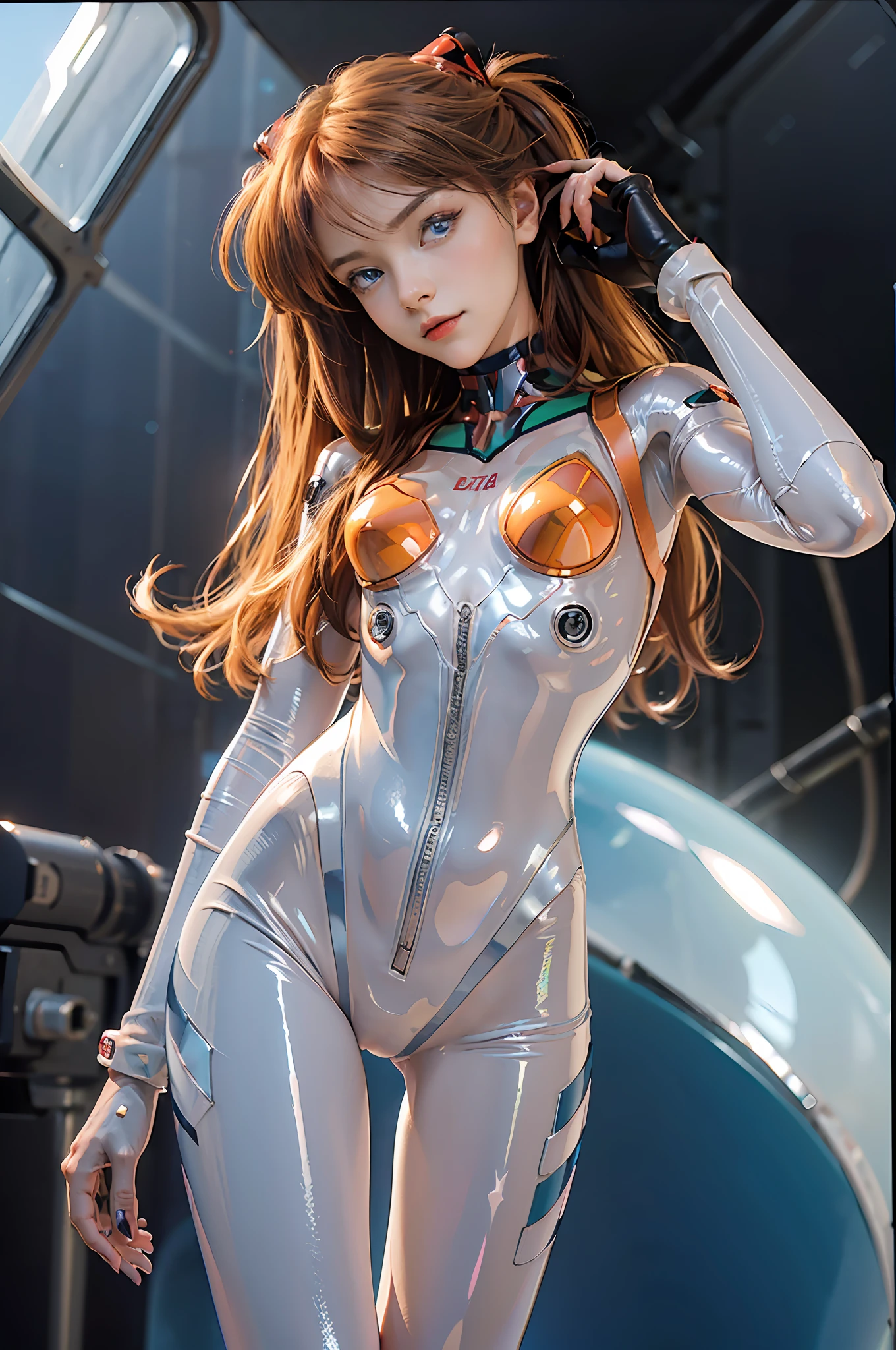 Masterpiece, full: 1.3, standing, open legs, from below, 8K, 3D, realistic, ultra micro photography, top quality, (((1 woman)), 25 years old, tall, thin and muscular, small face, perfect proportions, (Sally Asuka Langley, Three Asuka Langley, Transparent high-leg swimsuit, Transparent plug suit 02), pretty face, ((blue eyes, Beautiful face, beautiful eyes))), shiny eyes, thin lips, narrow eyes, thin and sharp pale eyebrows, long eyelashes, long lower eyelashes, double eyelids, model pose, visible pores, seductive smile, Transparent shine red high-gloss suit, Transparent holographic leather, (Transparent rubber suit with strong metallic luster and smooth surface), Large connection terminals under the chest of precision circle, precision circular shoulder metallic and large silver connection terminals, beautiful female hands in red titration gloves, (strong metallic shiny black tie latex on the inside of the arm), (sea: 1.2, aircraft carrier, battleship, open sea, vivid blue sky, strong natural light, detailed background, sunlight, exquisite lighting and shadow), dynamic angle, DSLR, Sharp Focus: 1.0, maximum clarity and sharpness,